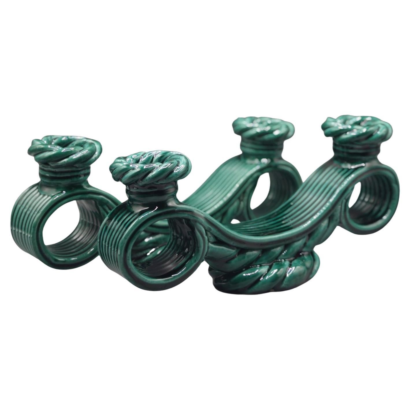 Paire de chandeliers vernis verts de Vallauris des années 1950