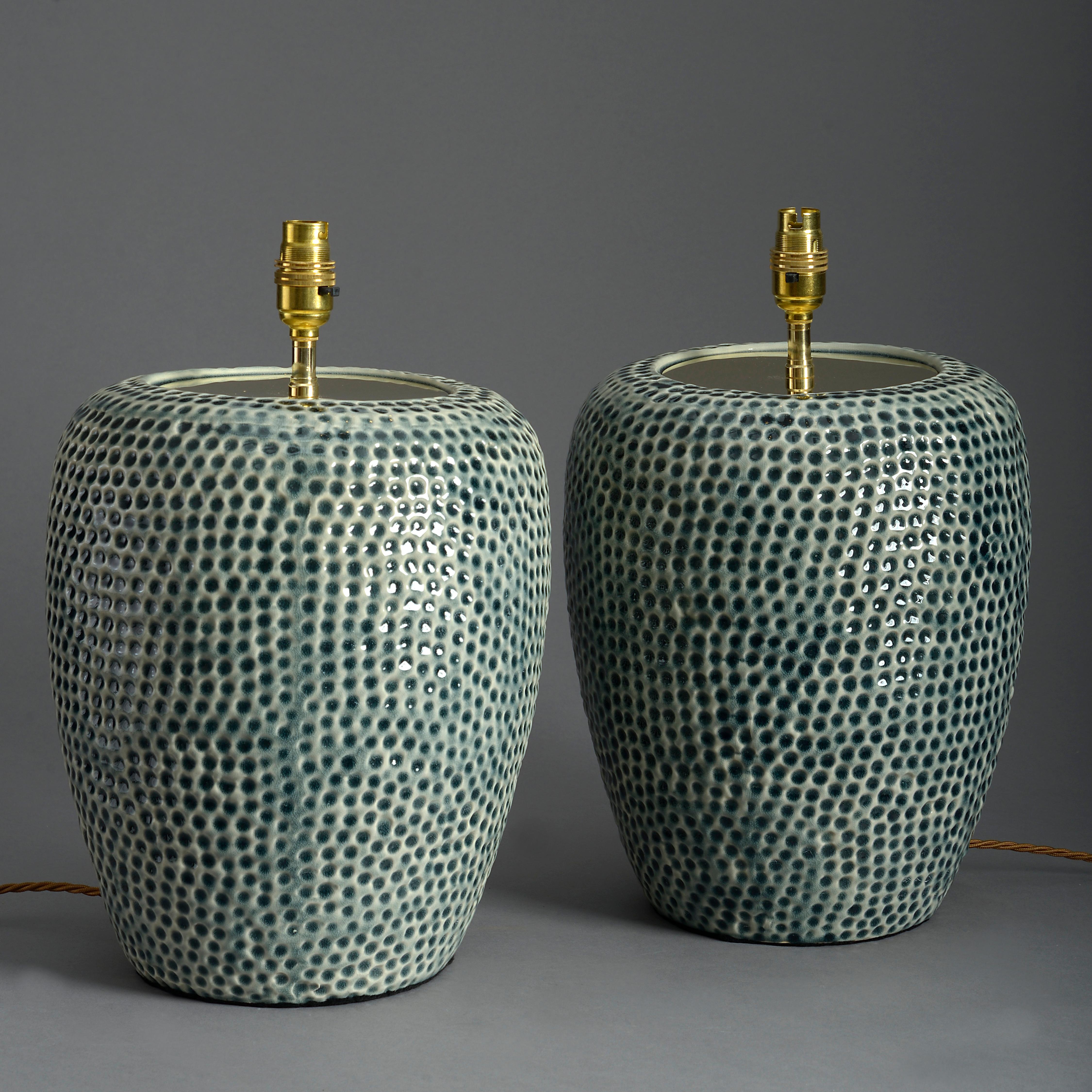 Modern Pair of Green Glazed Ceramic Jar Lamps