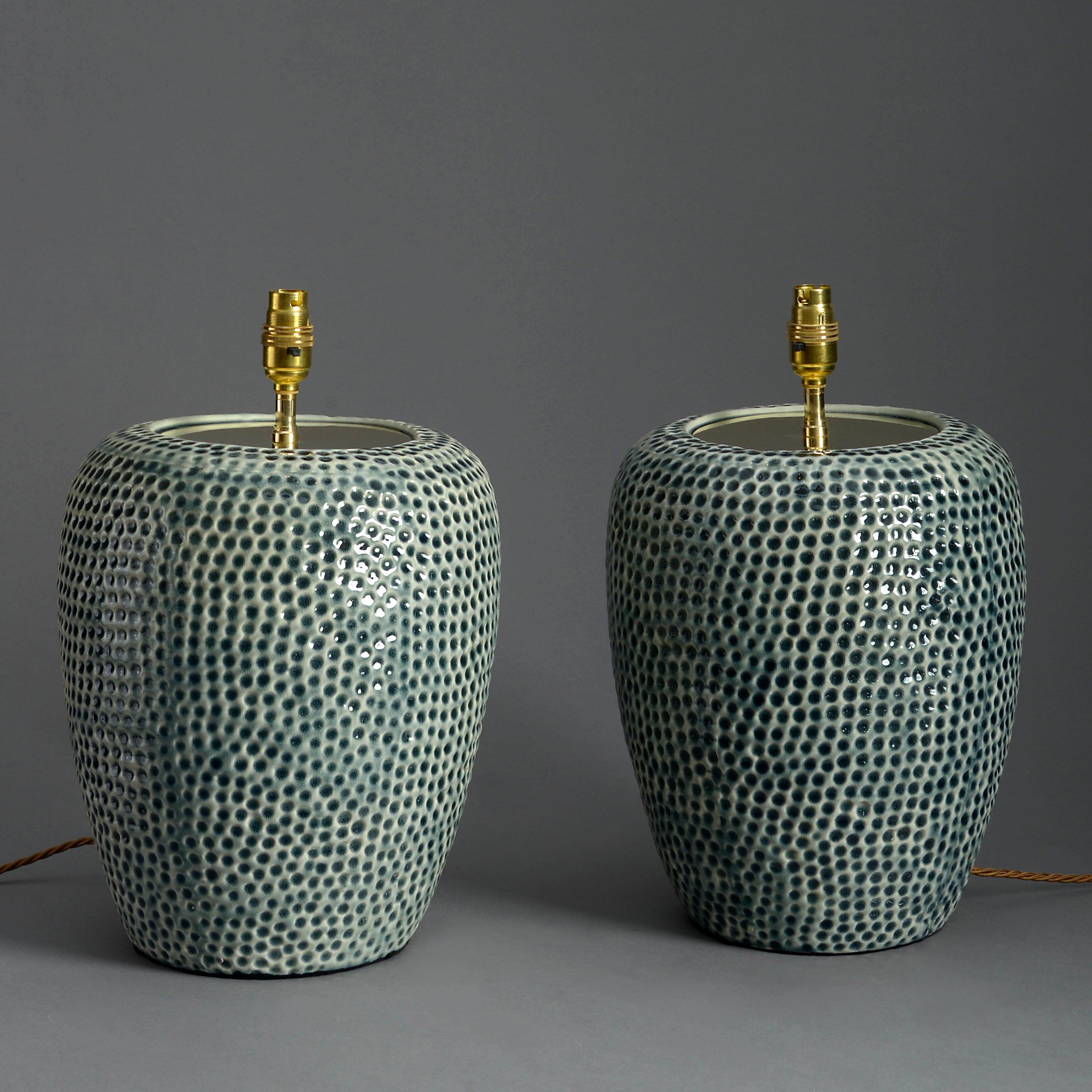 English Pair of Green Glazed Ceramic Jar Lamps