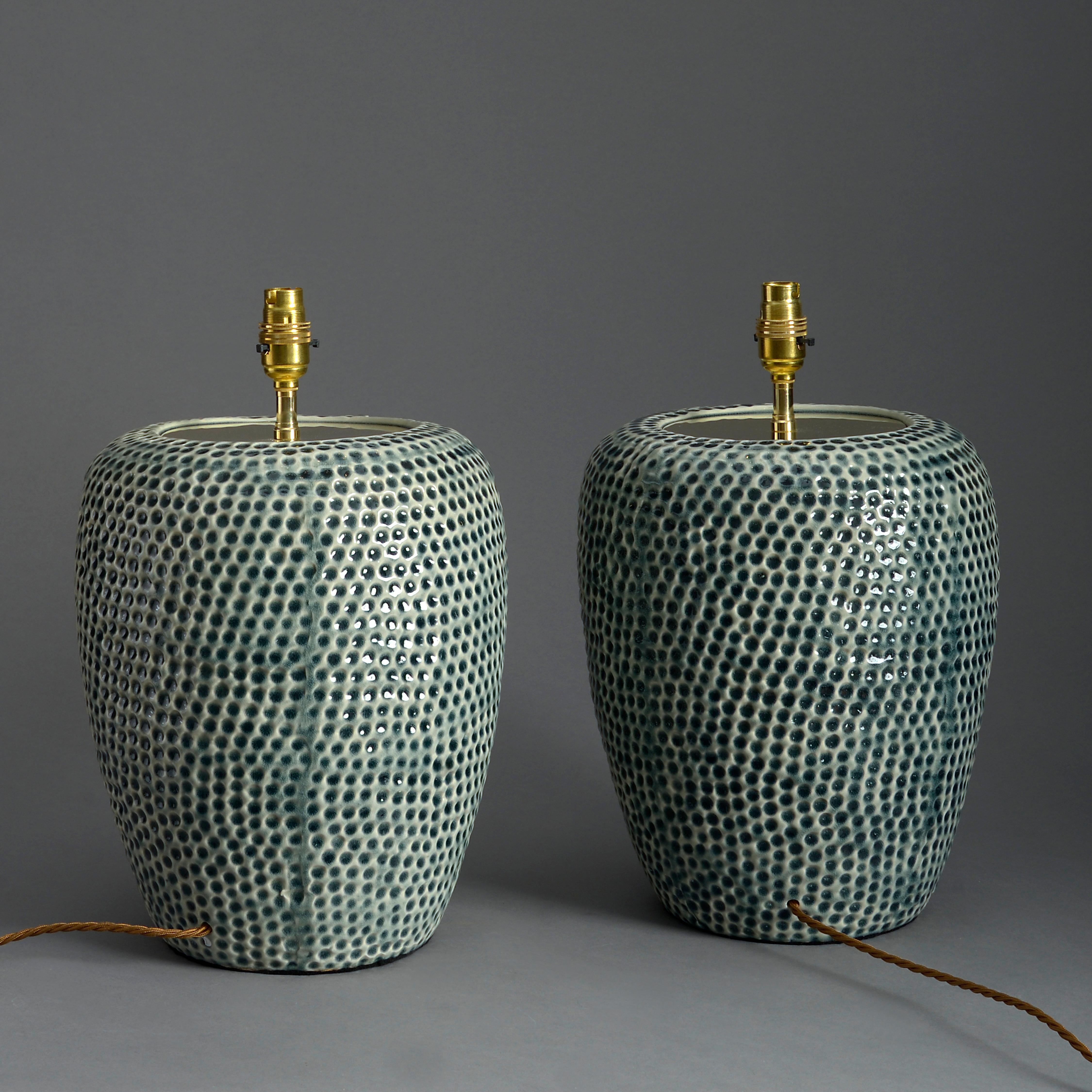 Fired Pair of Green Glazed Ceramic Jar Lamps