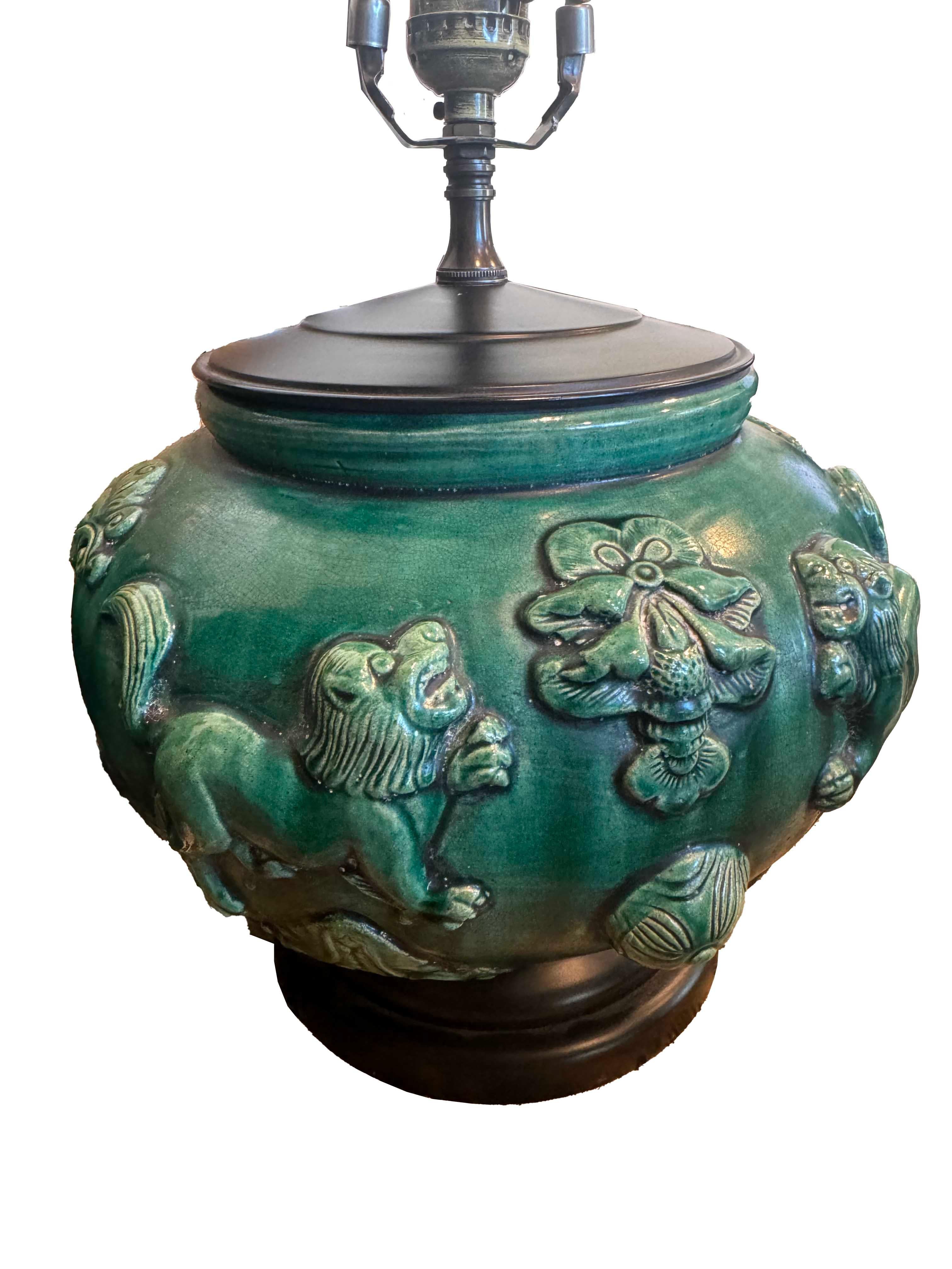 Chinese Pair of Green Glazed Ceramic Lamps For Sale