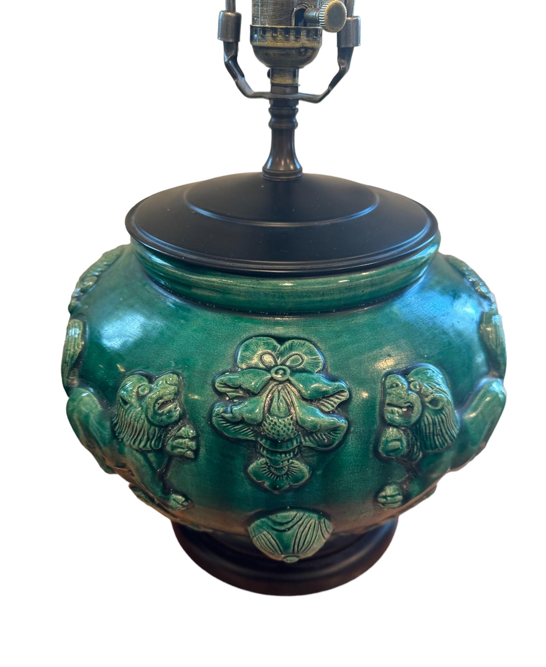 Pair of Green Glazed Ceramic Lamps In Good Condition For Sale In Scottsdale, AZ