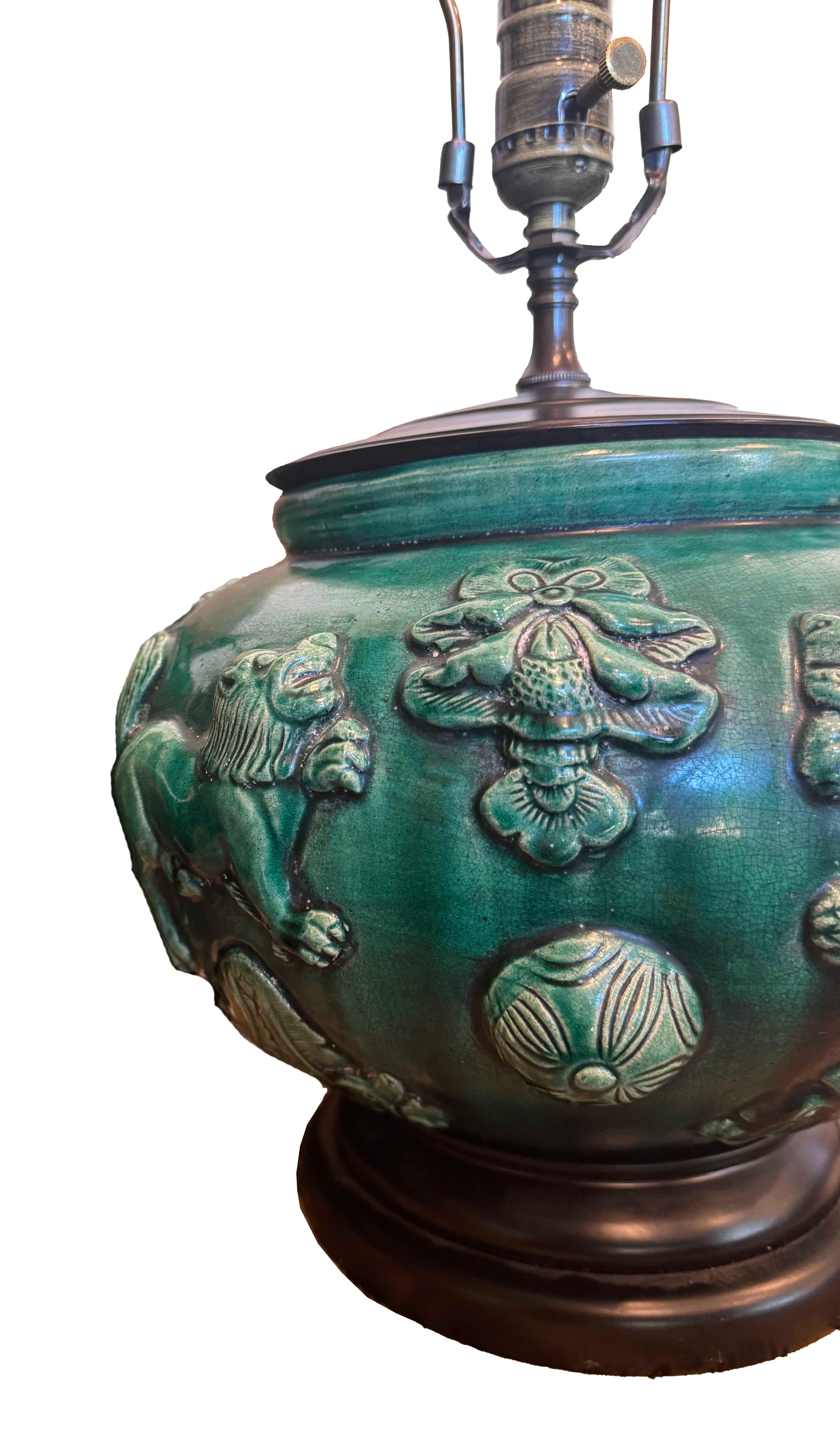 Pair of Green Glazed Ceramic Lamps For Sale 1