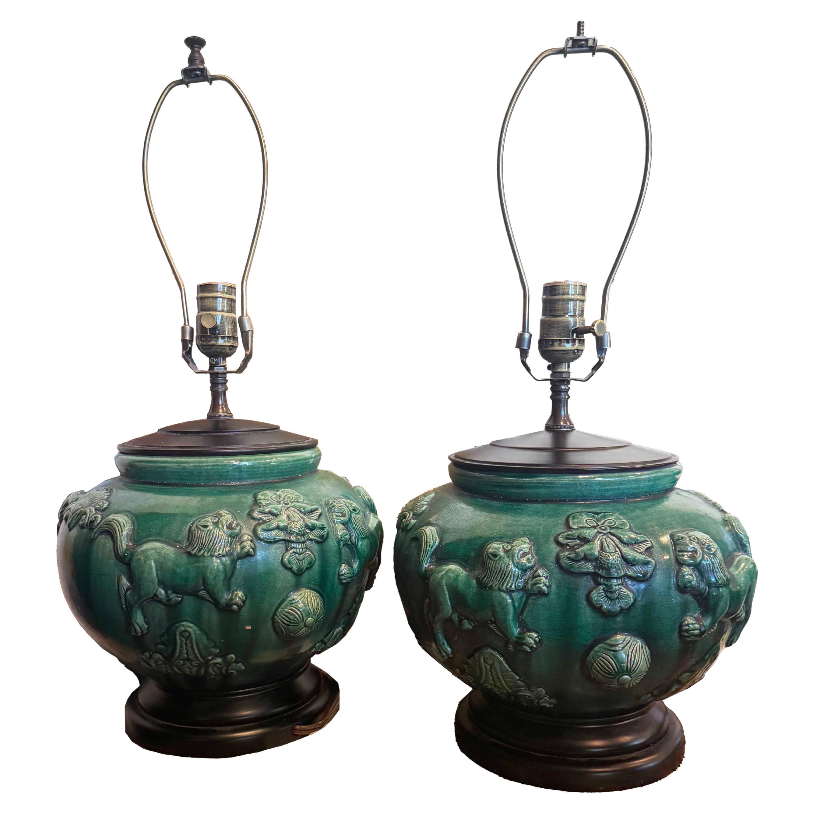 Pair of Green Glazed Ceramic Lamps For Sale