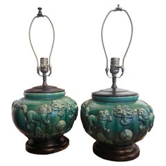Pair of Green Glazed Ceramic Lamps