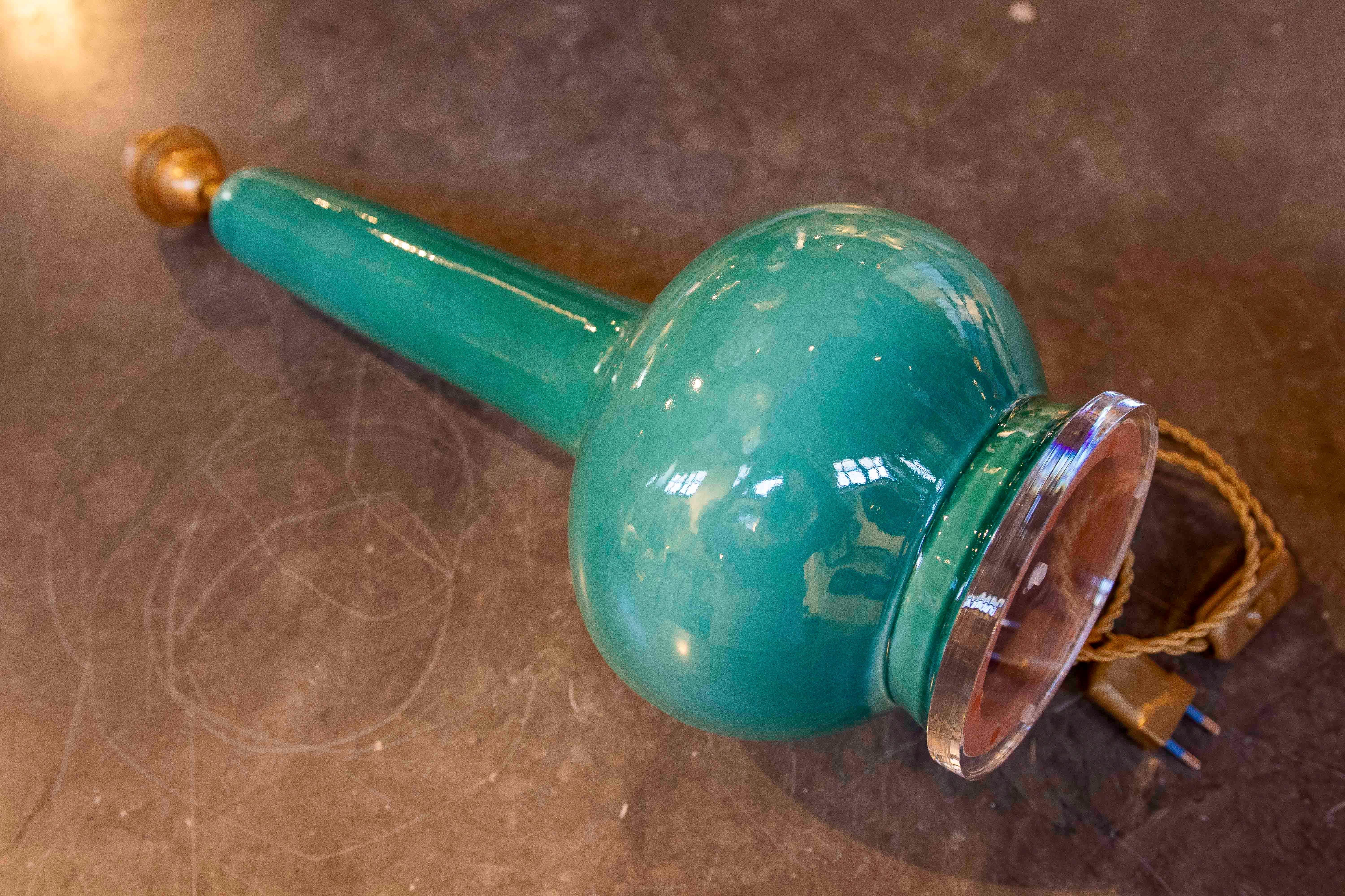 Pair of Green Glazed Ceramic Table Lamps, Mid-Century Modern Style For Sale 7