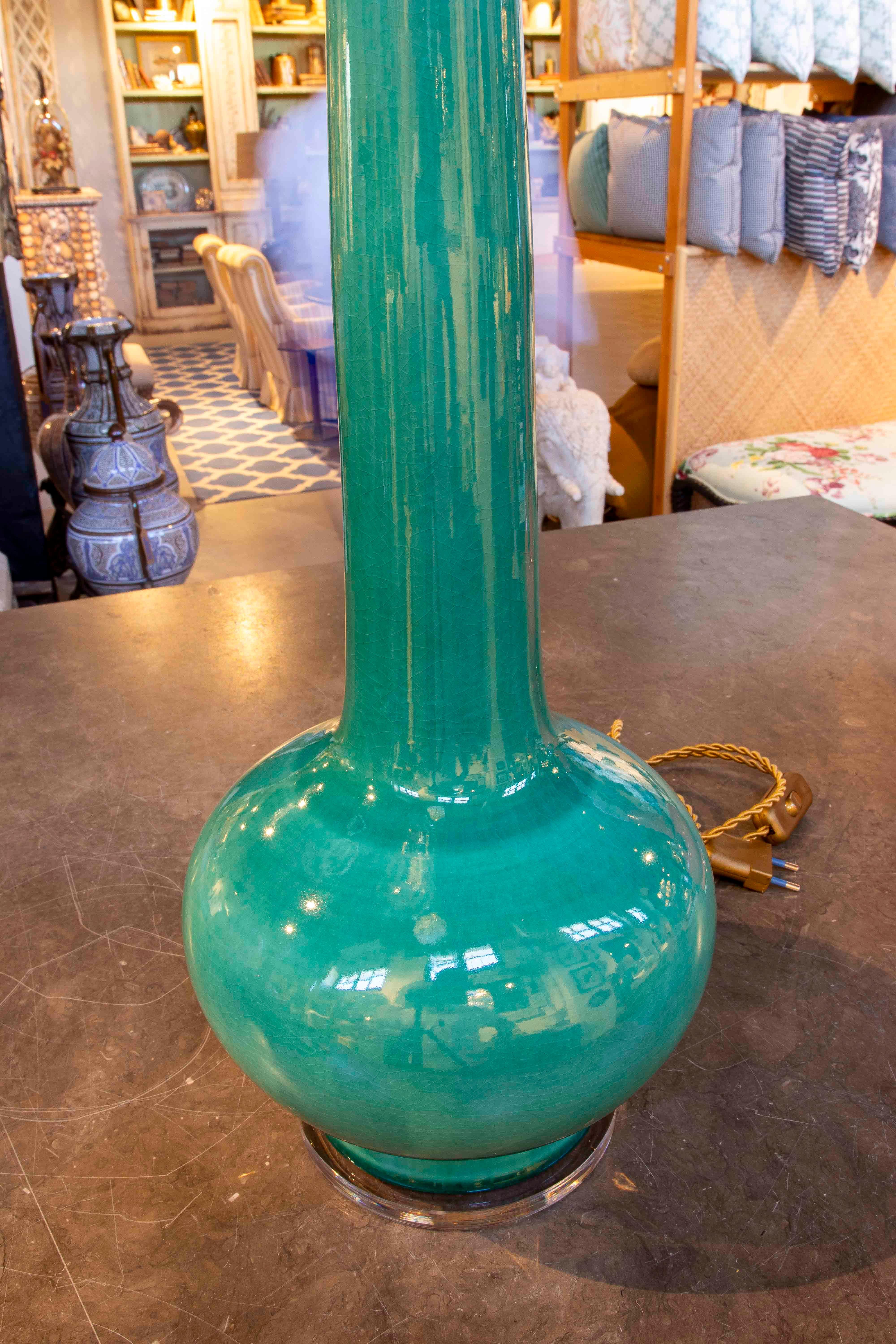 Spanish Pair of Green Glazed Ceramic Table Lamps, Mid-Century Modern Style For Sale