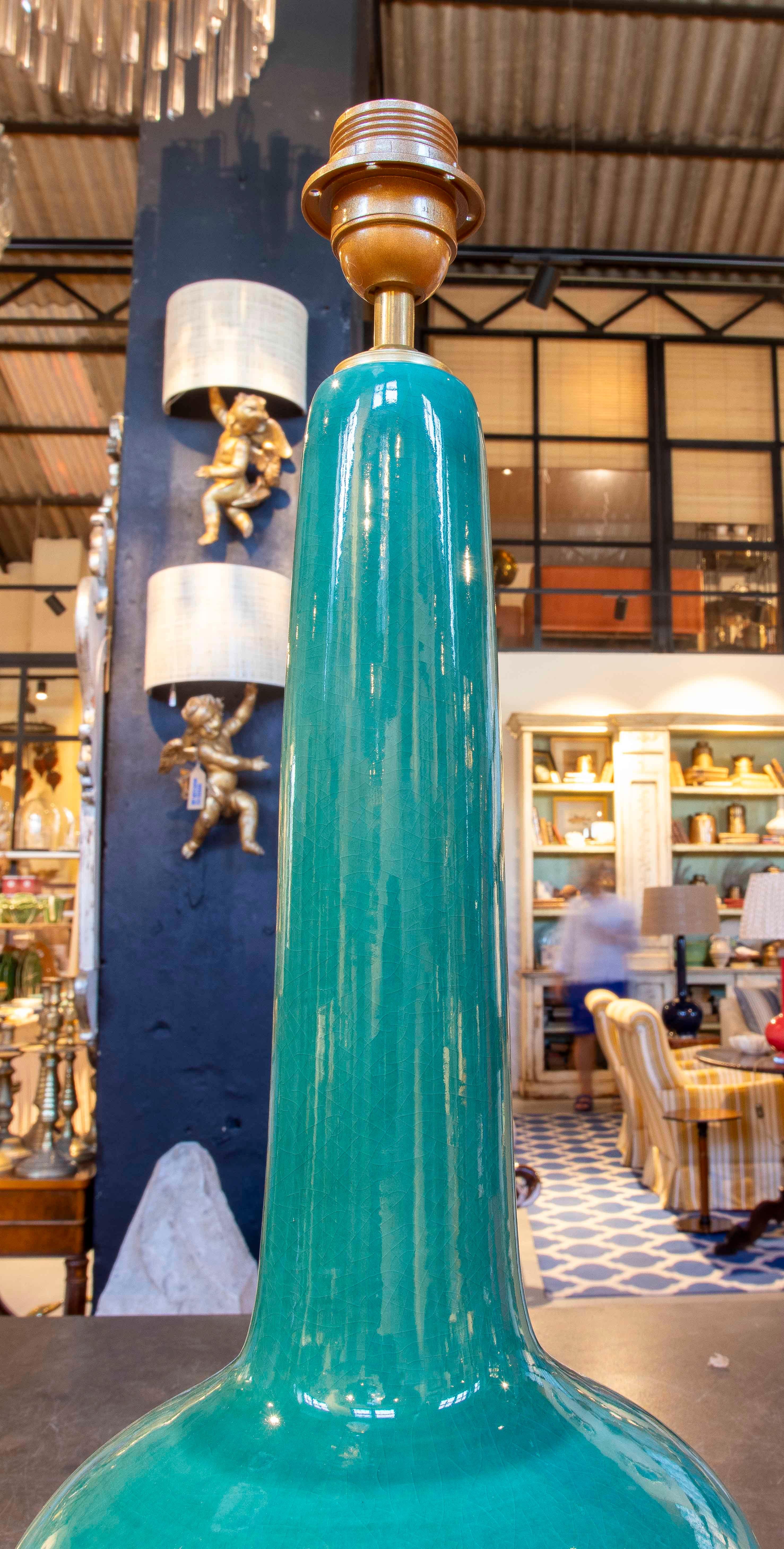 Contemporary Pair of Green Glazed Ceramic Table Lamps, Mid-Century Modern Style For Sale
