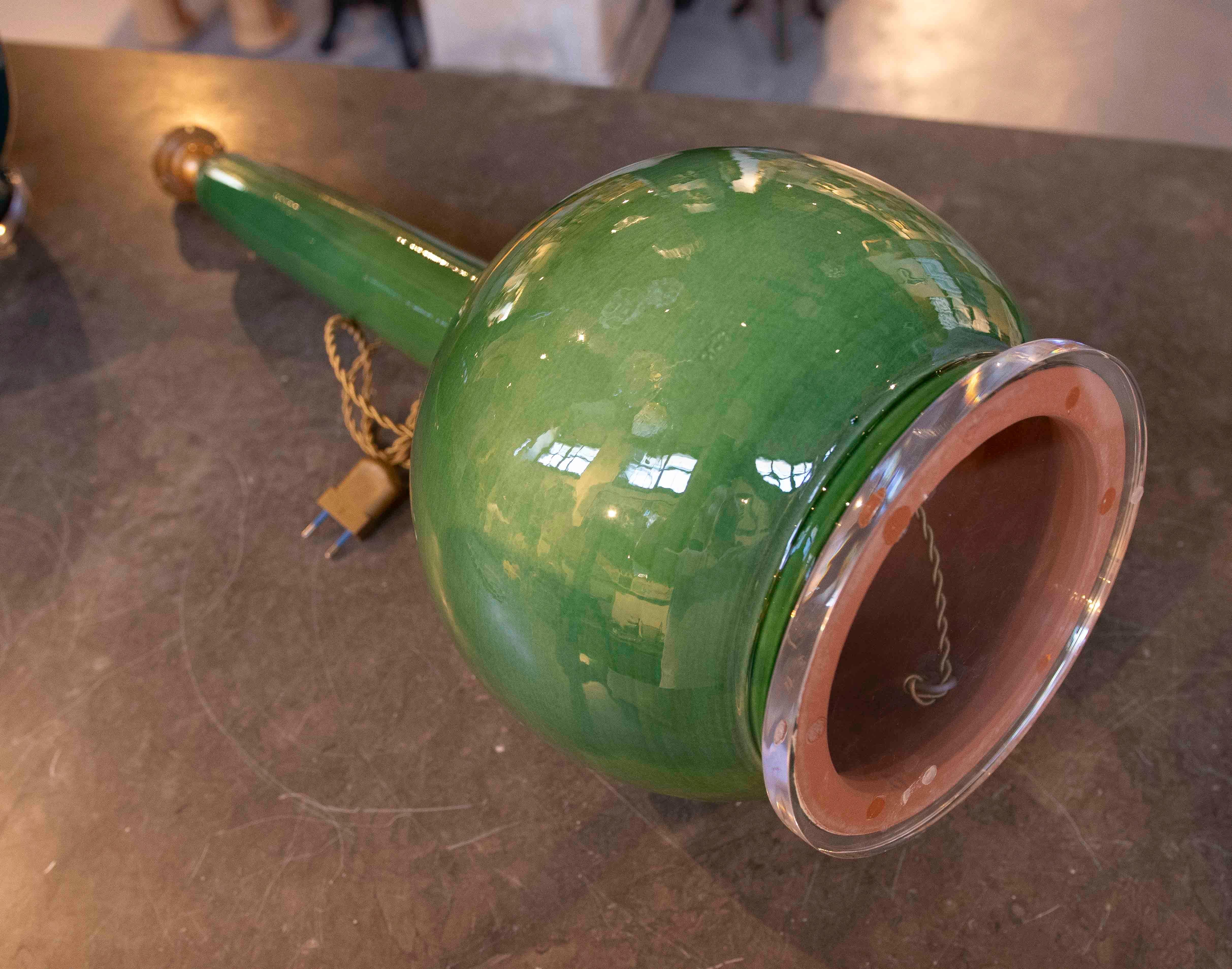 Contemporary Pair of Green Glazed Ceramic Table Lamps, Mid-Century Modern Style For Sale
