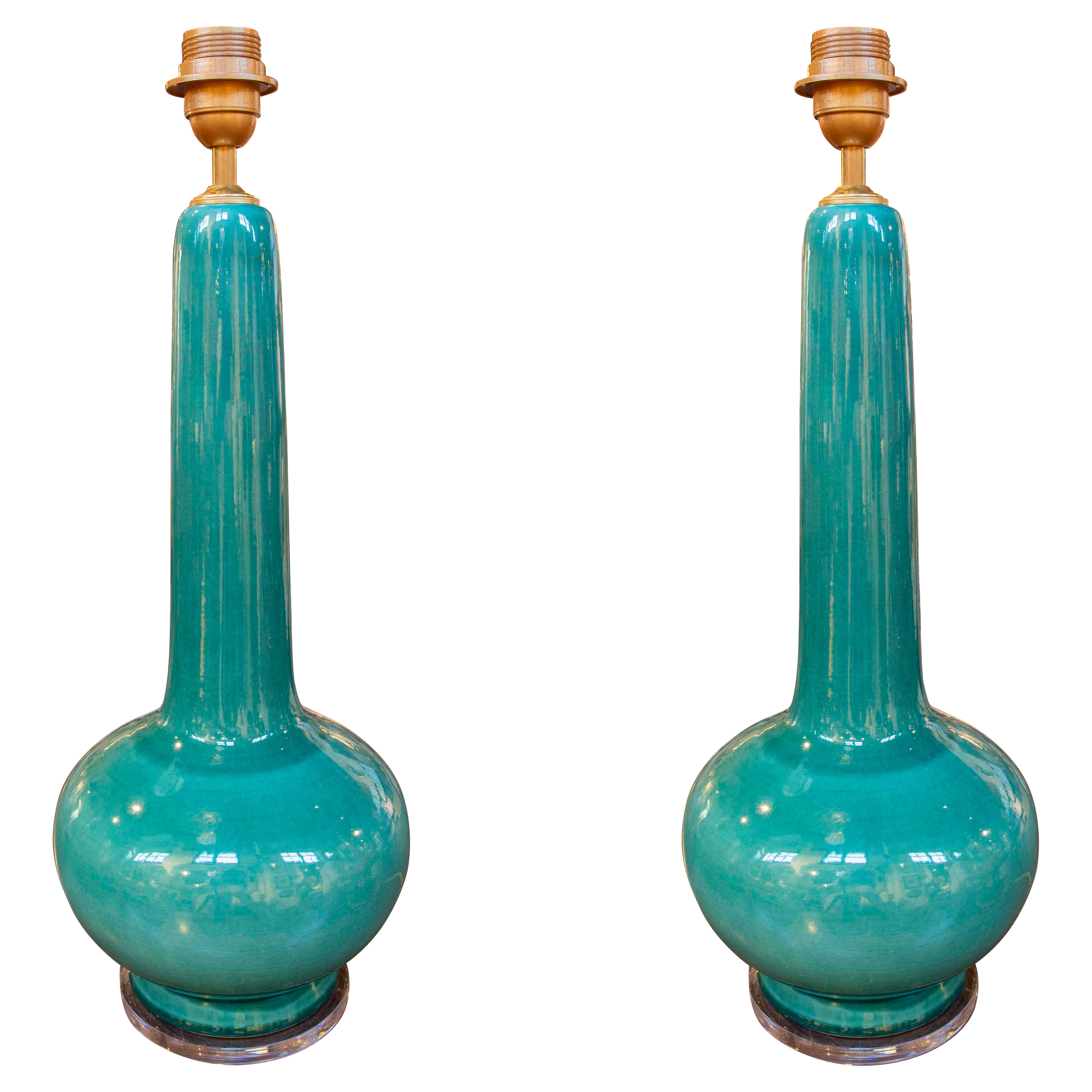 Pair of Green Glazed Ceramic Table Lamps, Mid-Century Modern Style