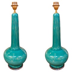 Pair of Green Glazed Ceramic Table Lamps, Mid-Century Modern Style