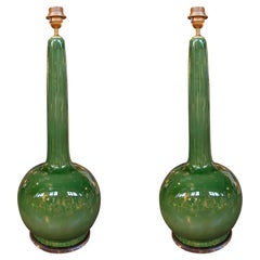 Pair of Green Glazed Ceramic Table Lamps, Mid-Century Modern Style