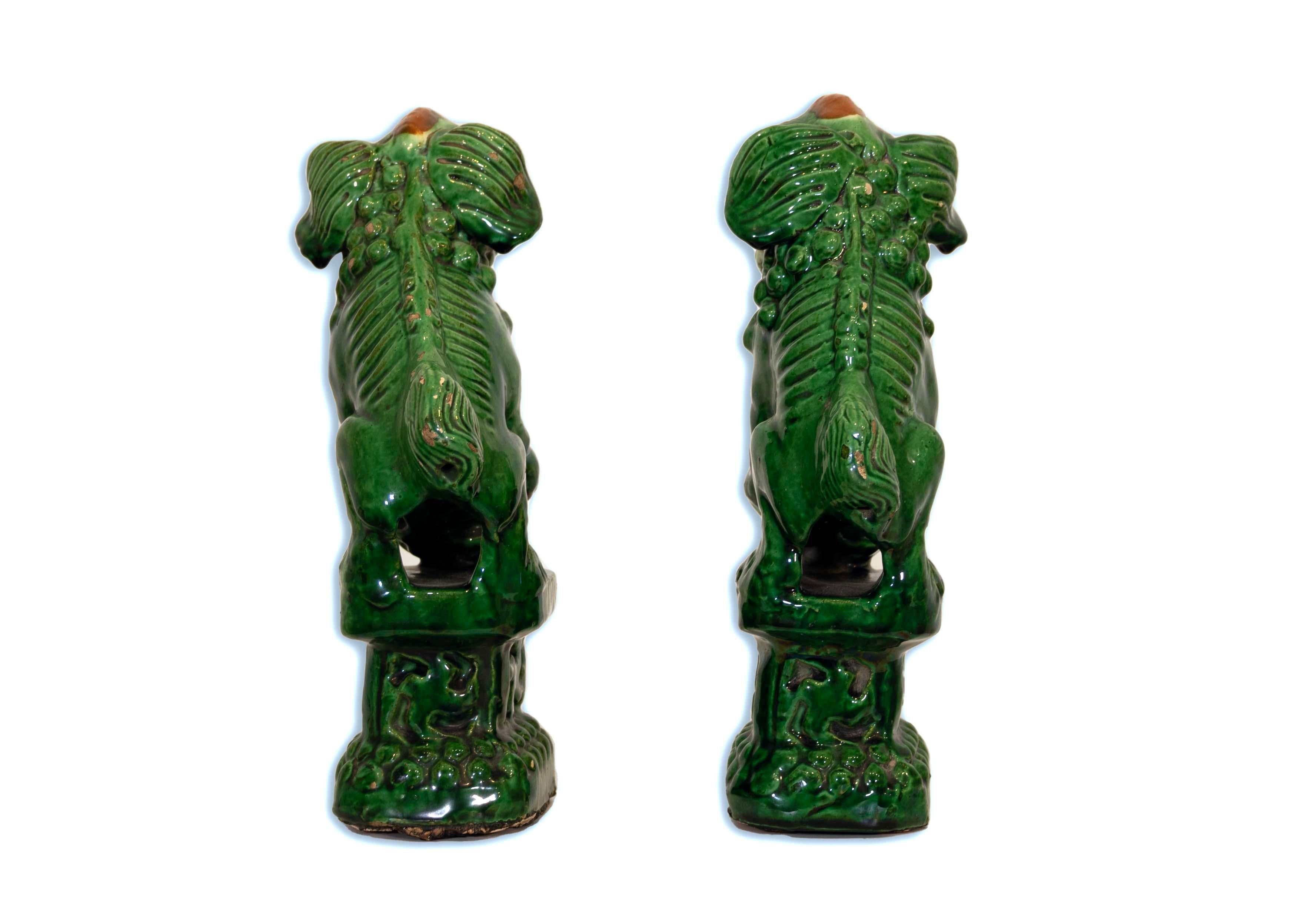 Early 20th Century Pair of Green Glazed Chinese Sancai Alter Fu Dogs Circa 1900 For Sale