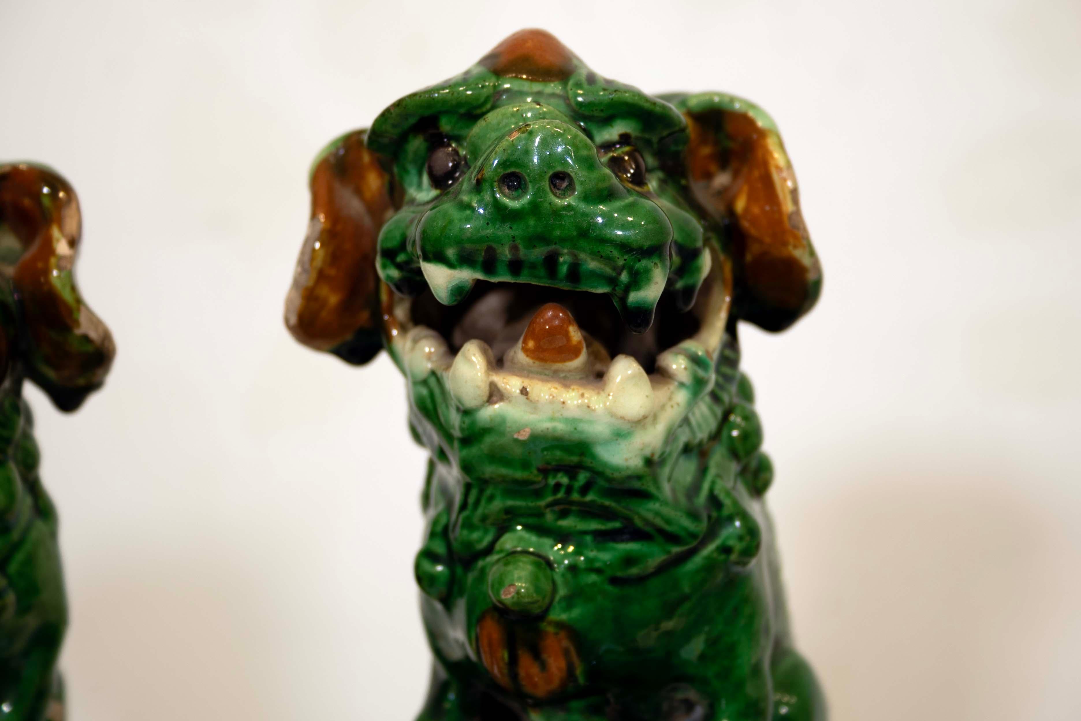 Ceramic Pair of Green Glazed Chinese Sancai Alter Fu Dogs Circa 1900 For Sale