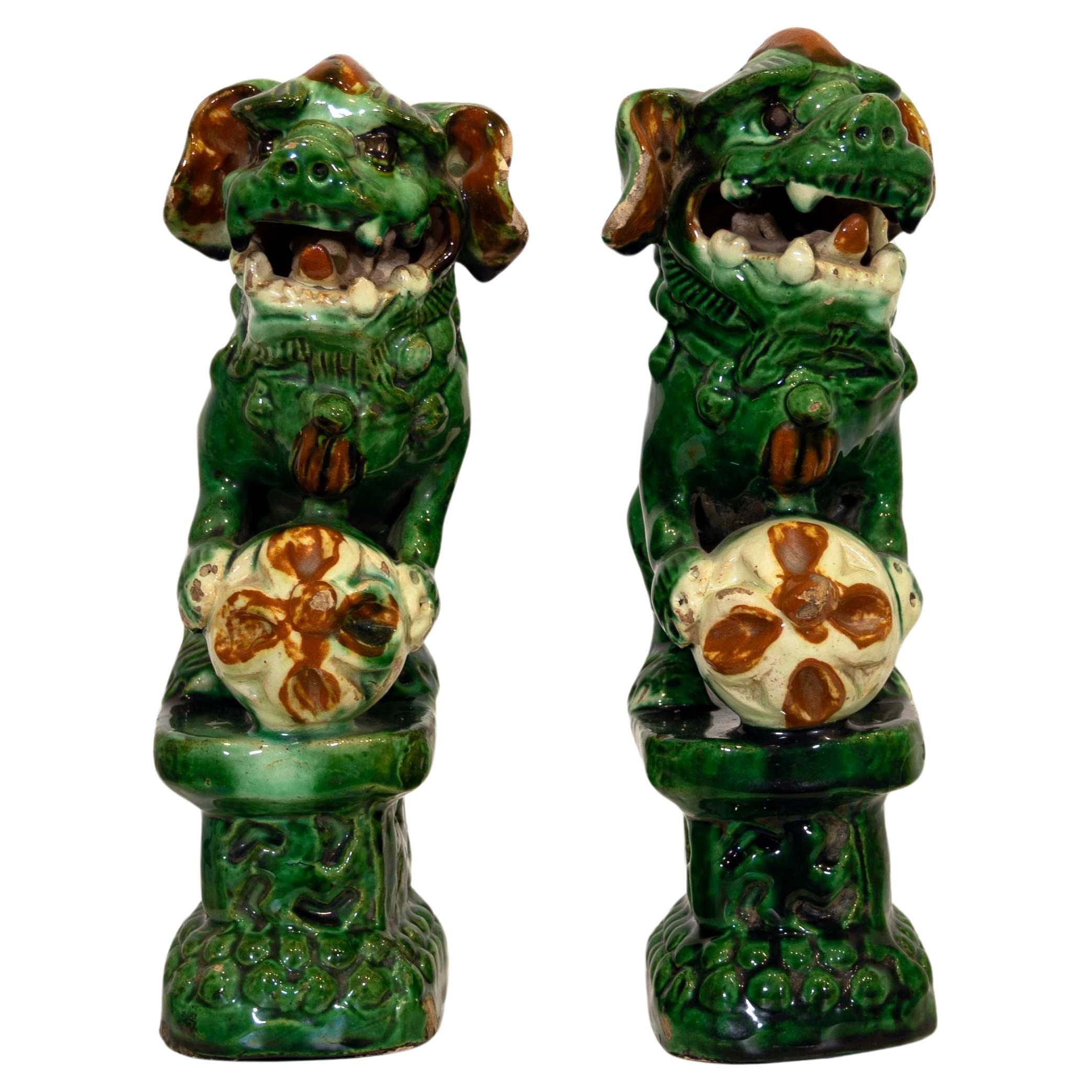 Pair of Green Glazed Chinese Sancai Alter Fu Dogs Circa 1900 For Sale