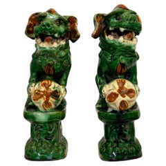 Antique Pair of Green Glazed Chinese Sancai Alter Fu Dogs Circa 1900