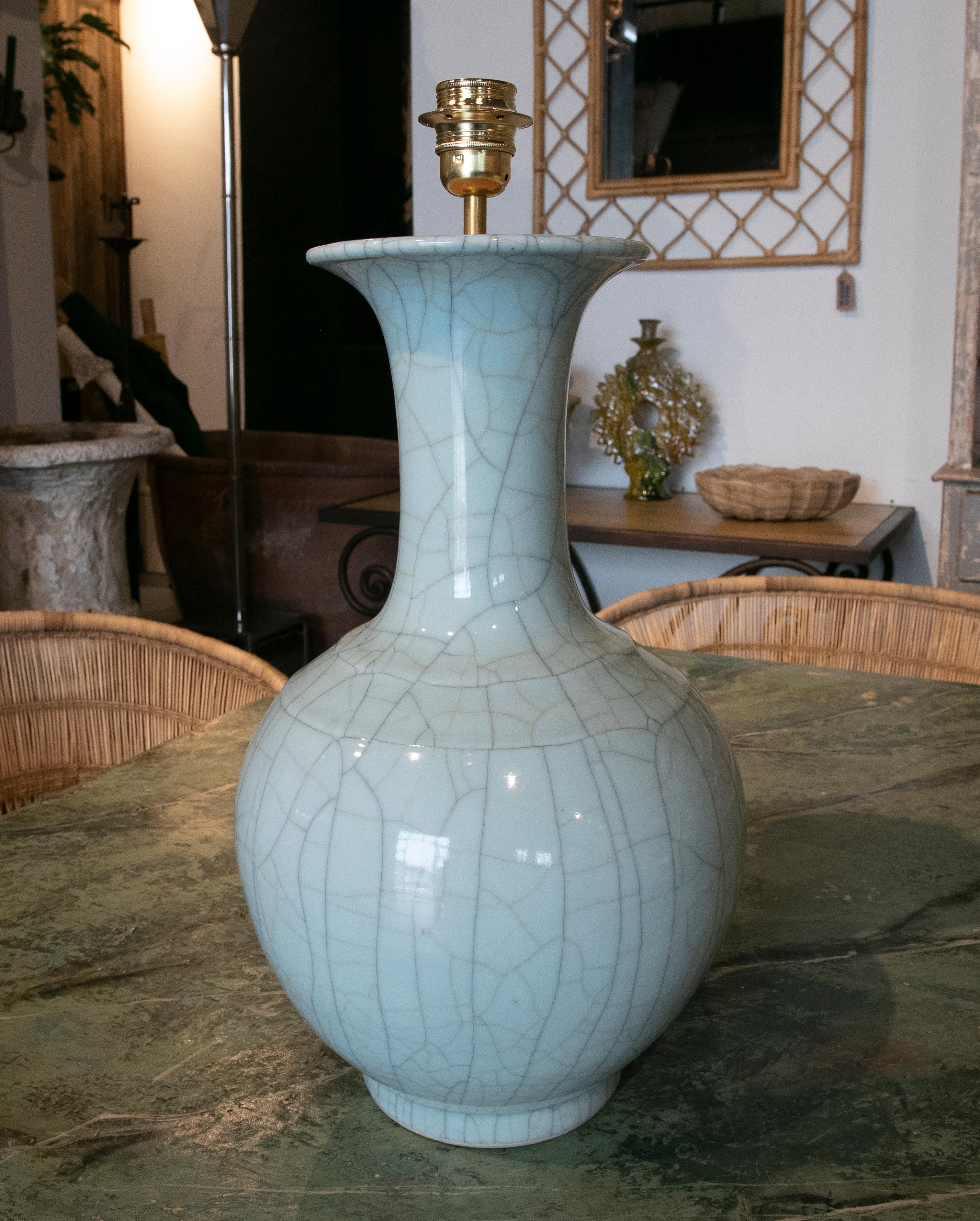 Pair of Green Glazed Porcelain Lamps with Crackled Finish In Good Condition In Marbella, ES