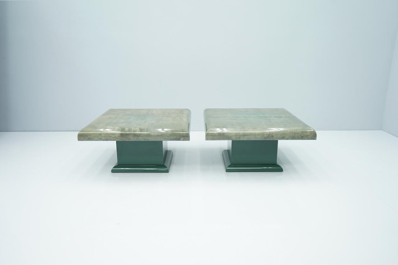 Nice pair of green Goatskin side tables by Aldo Tura Italy. This tables was purchased in the late 1980s. The tables are in a very good condition without any damages.

 