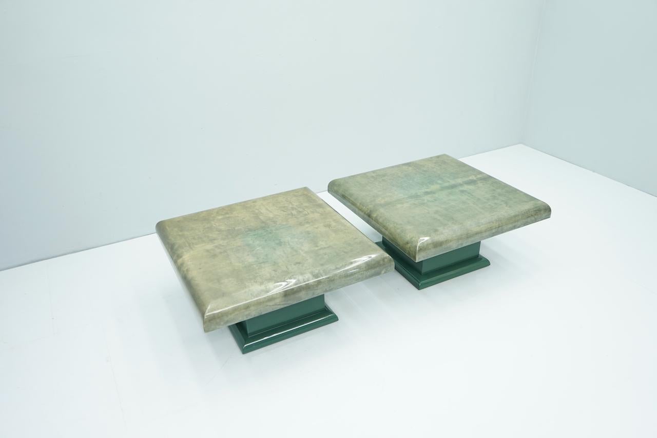 Hollywood Regency Pair of Green Goatskin Side Tables by Aldo Tura, Italy, 1980s For Sale