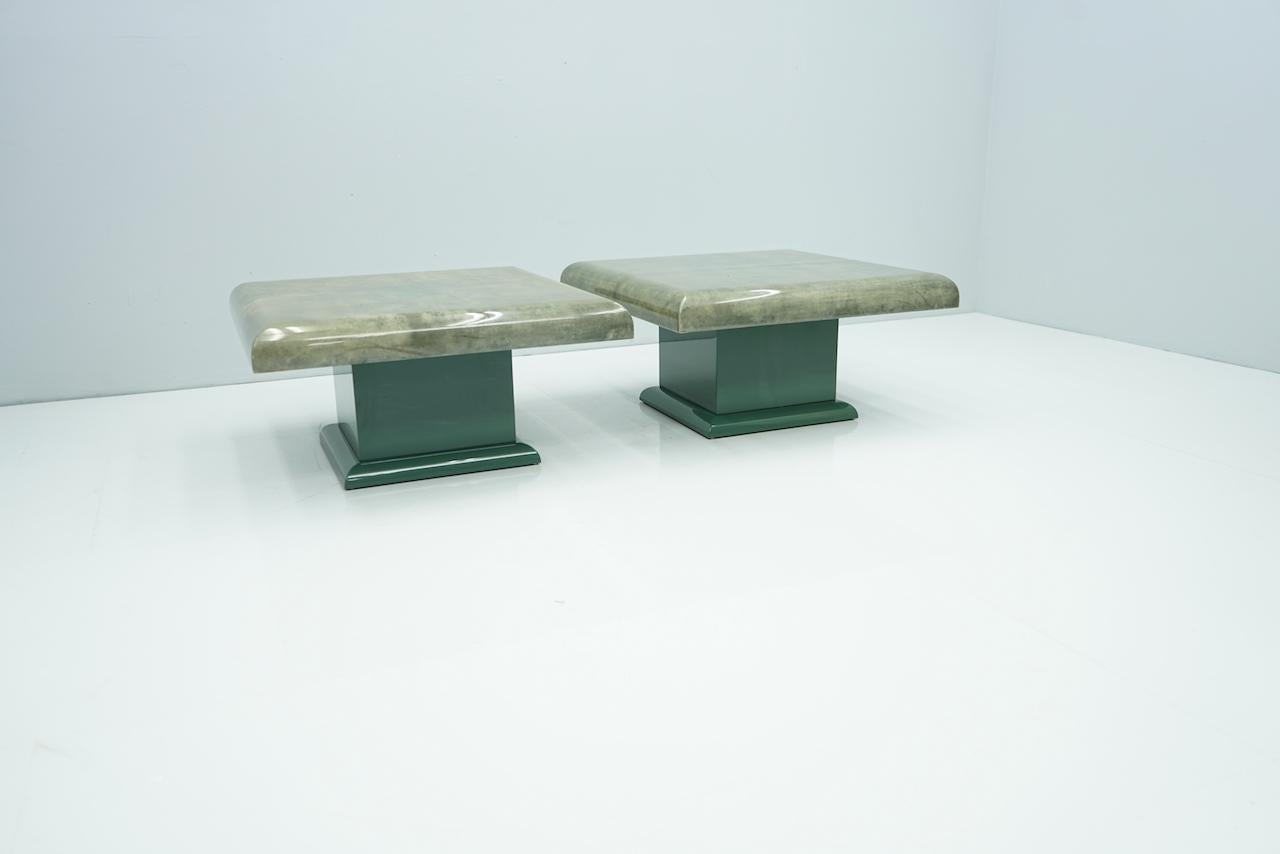 Italian Pair of Green Goatskin Side Tables by Aldo Tura, Italy, 1980s For Sale