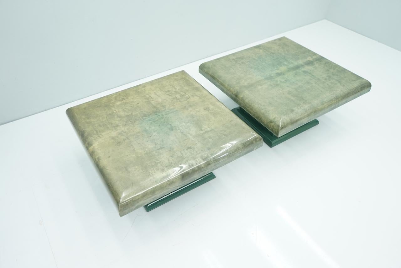 Pair of Green Goatskin Side Tables by Aldo Tura, Italy, 1980s In Good Condition For Sale In Frankfurt / Dreieich, DE