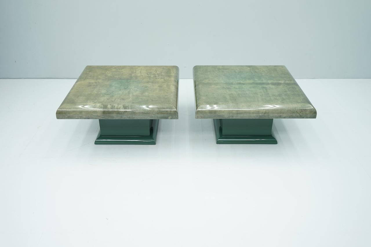Pair of Green Goatskin Side Tables by Aldo Tura, Italy, 1980s For Sale 3