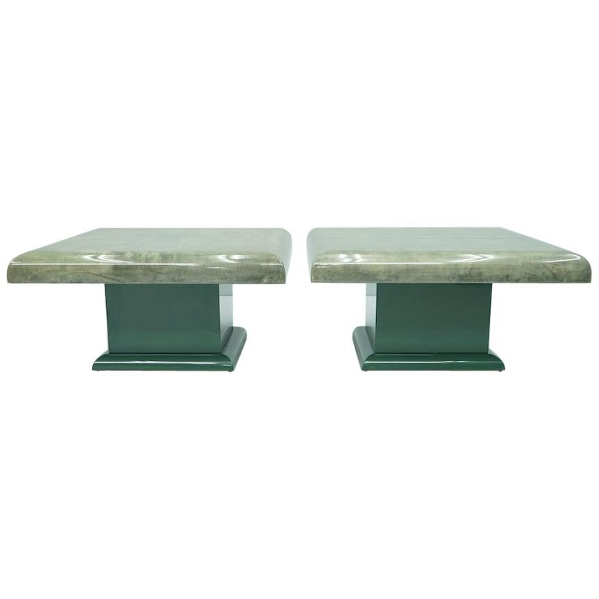Pair of Green Goatskin Side Tables by Aldo Tura, Italy, 1980s For Sale