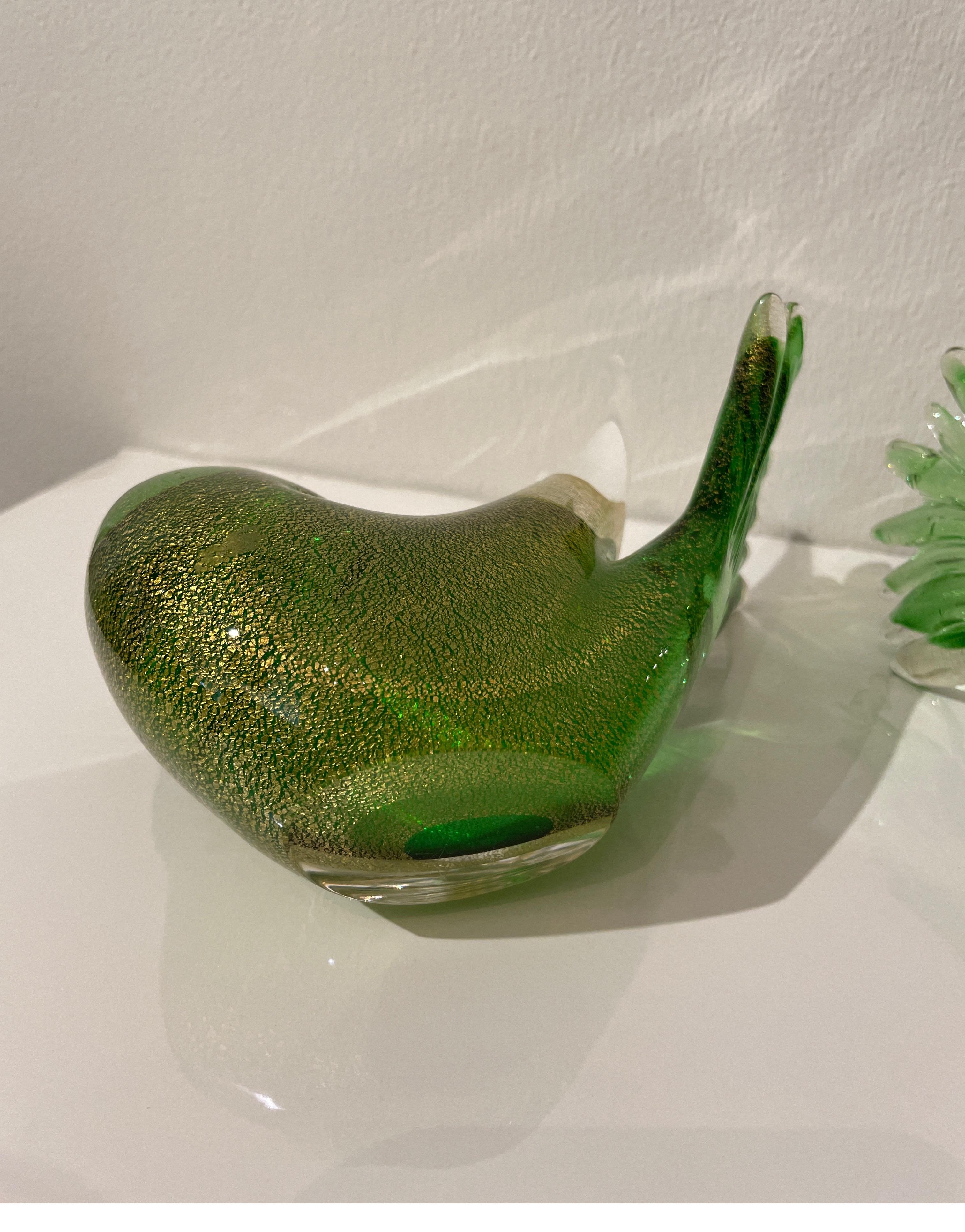 Pair of Green & Gold Murano Bird Sculptures 8