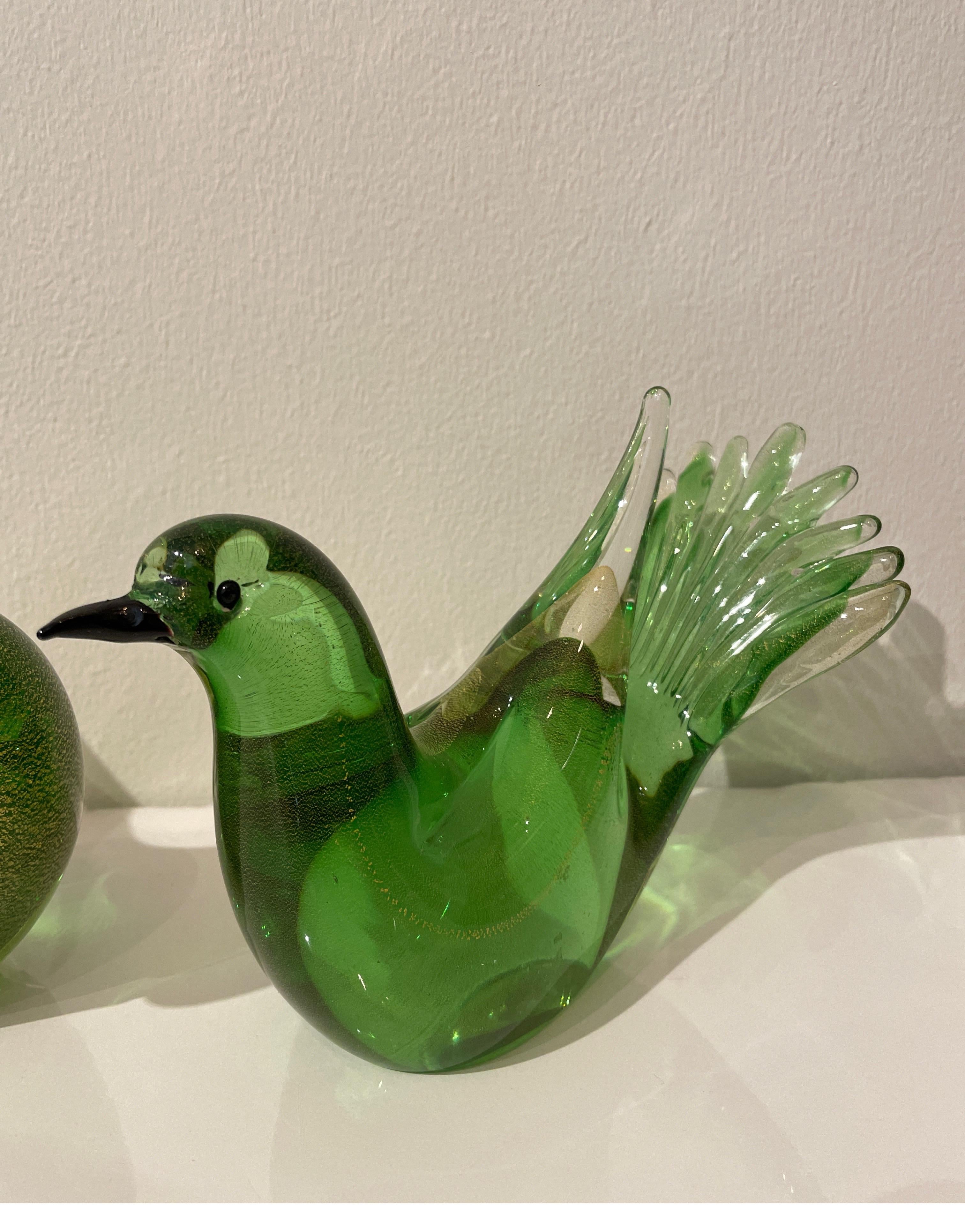 Very sweet pair of Murano green & gold glass bird sculptures.