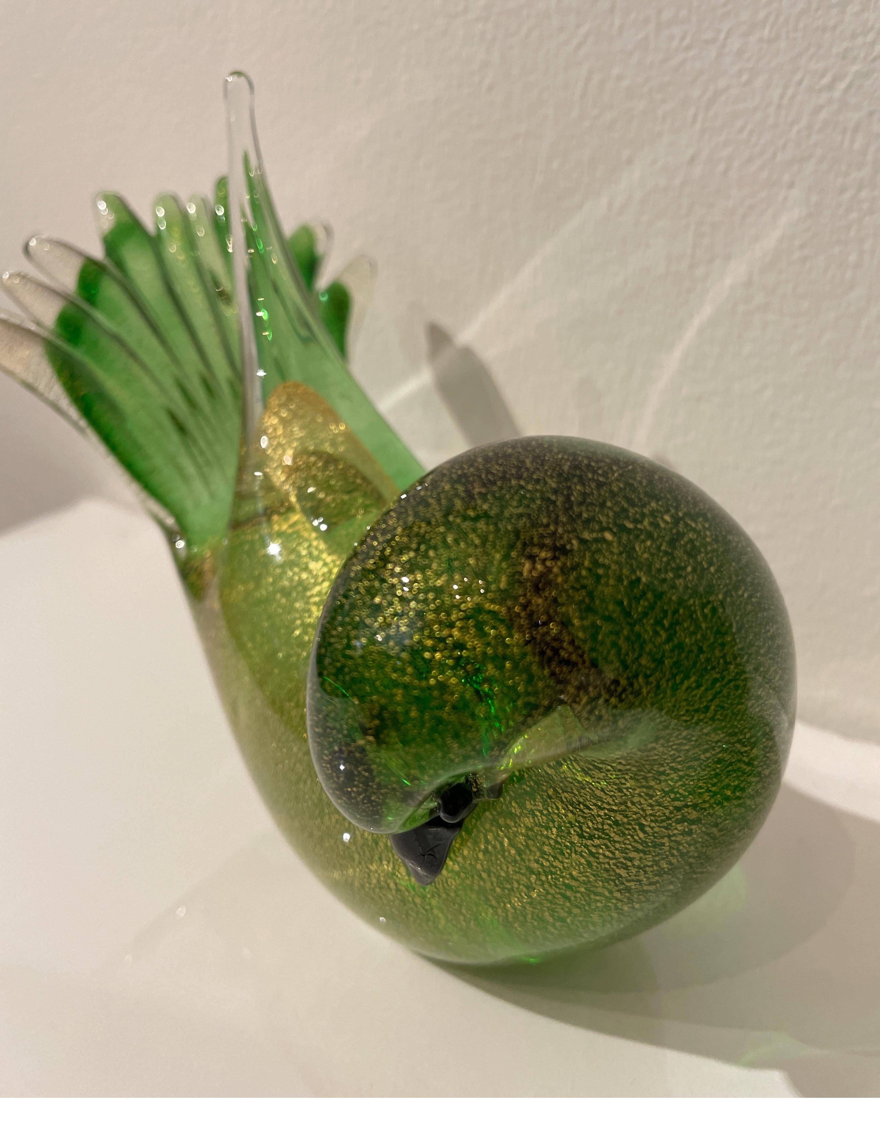 Pair of Green & Gold Murano Bird Sculptures In Good Condition In West Palm Beach, FL