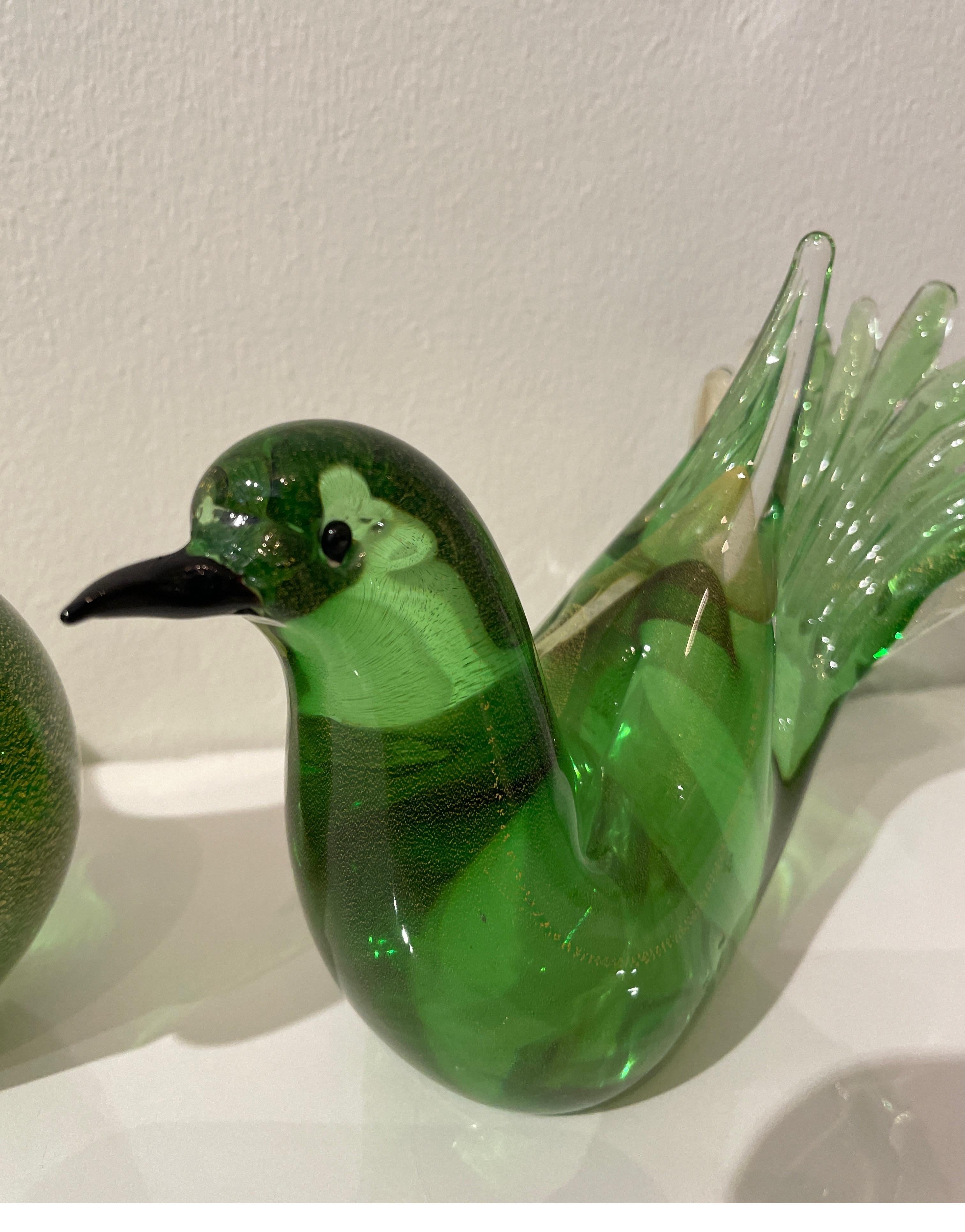 20th Century Pair of Green & Gold Murano Bird Sculptures