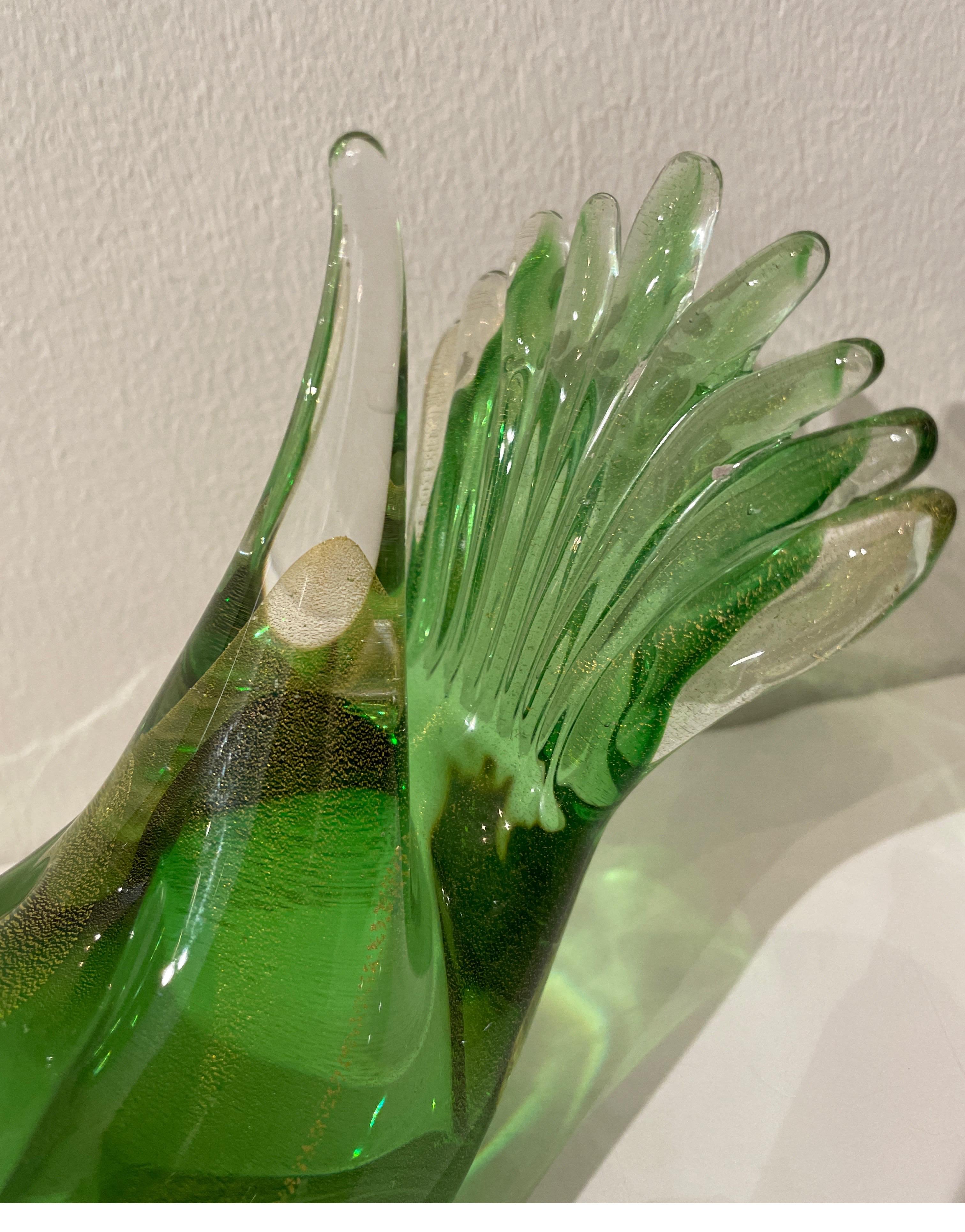 Art Glass Pair of Green & Gold Murano Bird Sculptures
