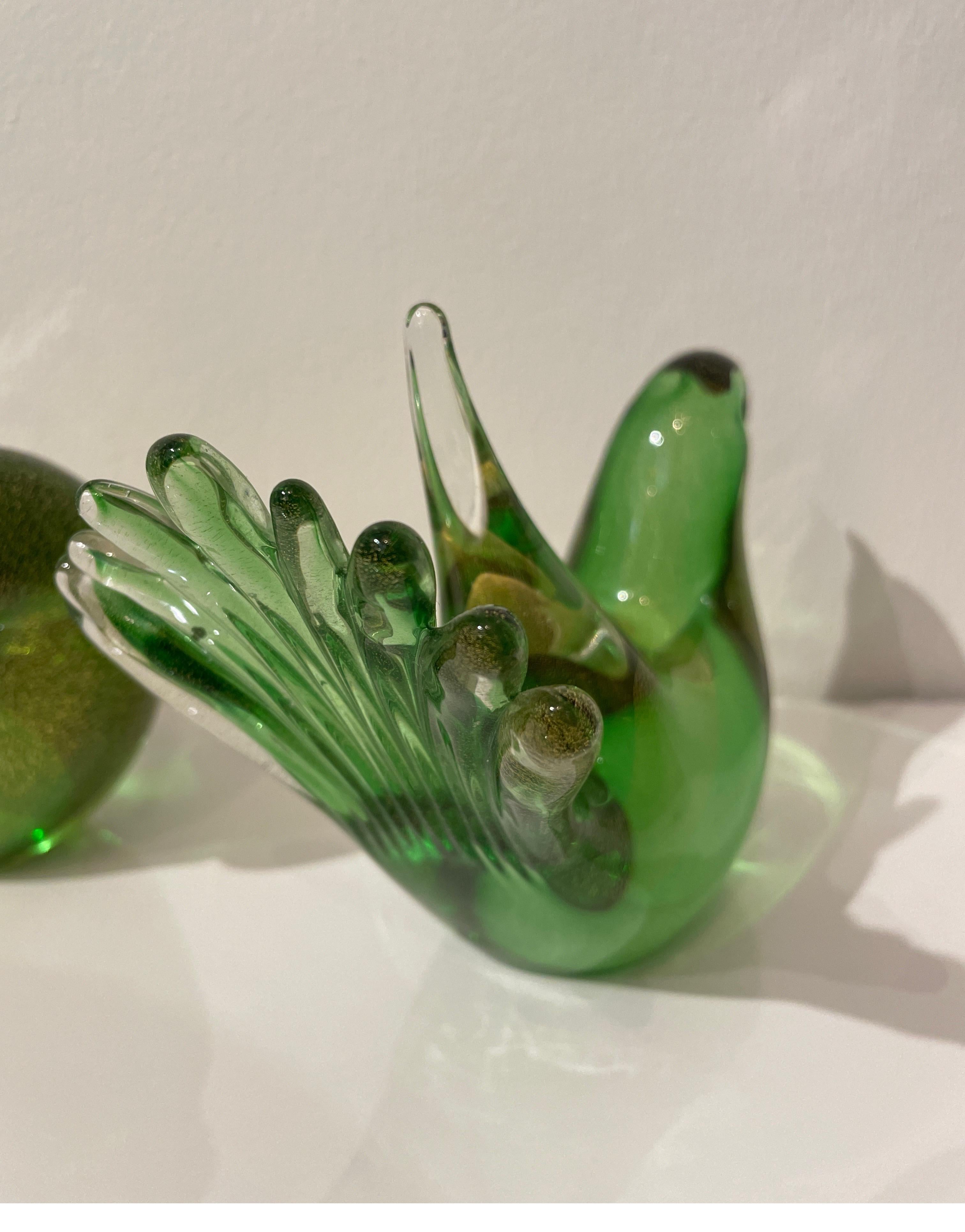 Pair of Green & Gold Murano Bird Sculptures 1