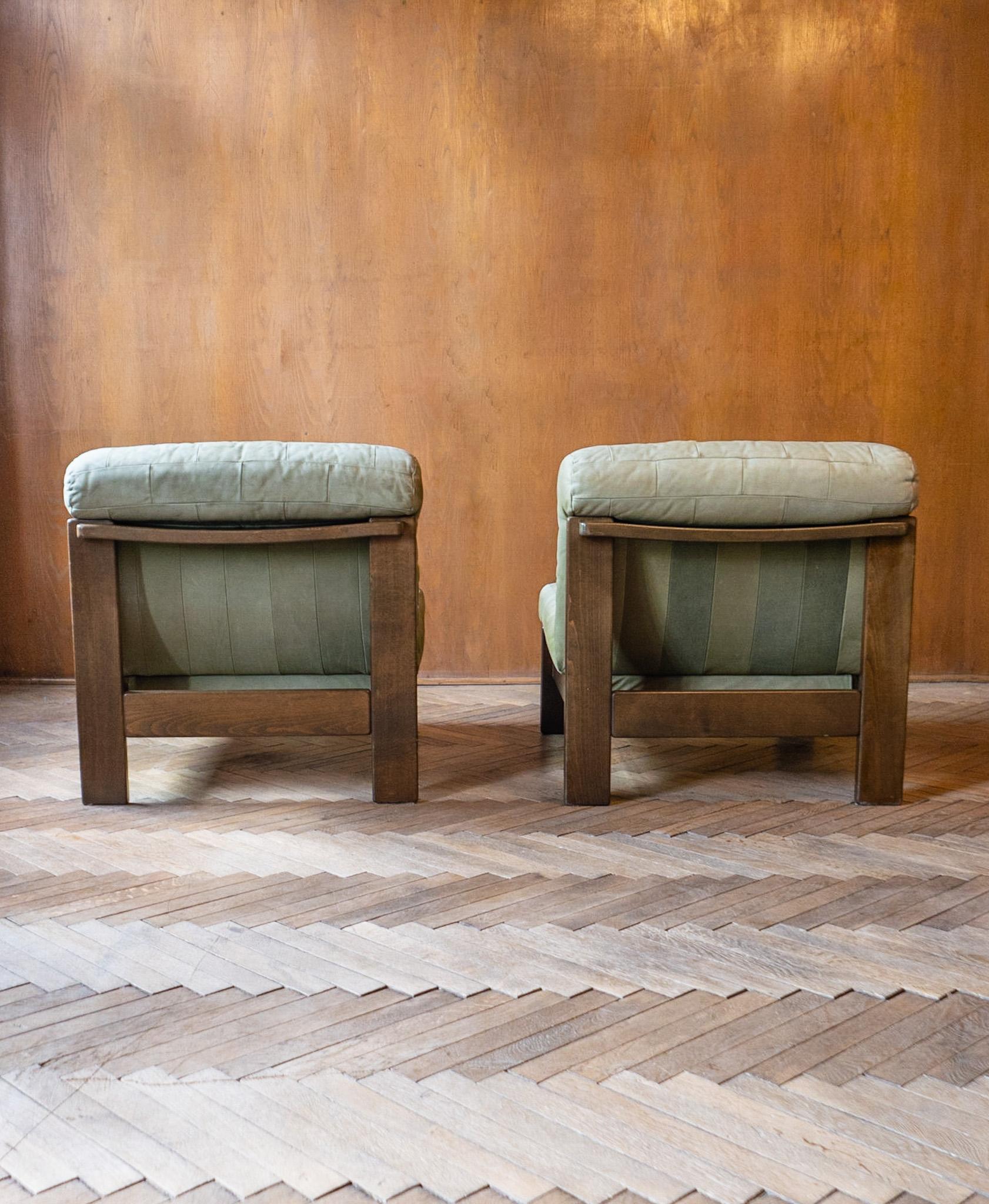 Dutch Pair of Green Grey Patchwork Buffalo Leather Wooden Lounge Chairs, 1970s