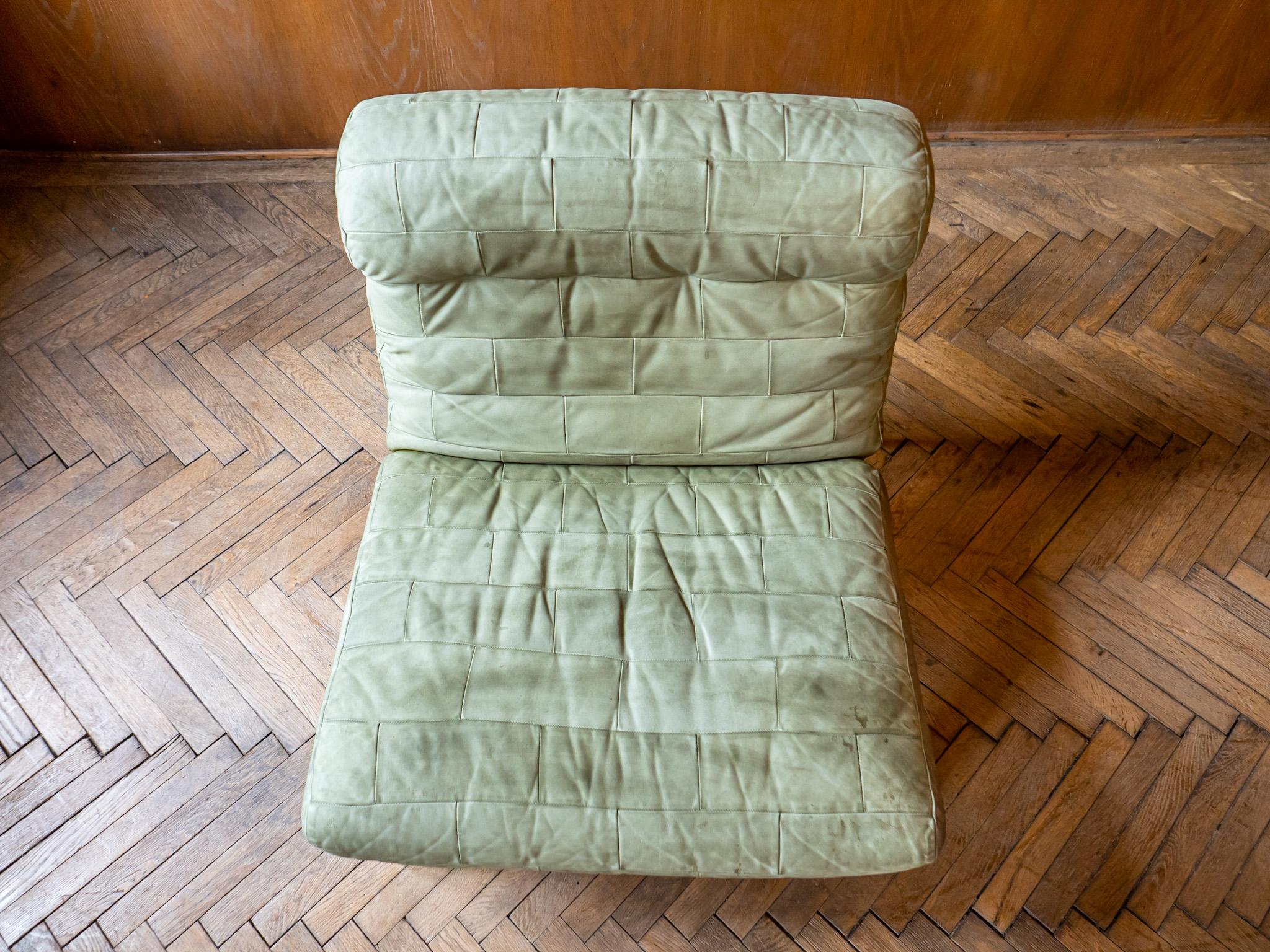 Pair of Green Grey Patchwork Buffalo Leather Wooden Lounge Chairs, 1970s 2