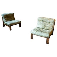 Pair of Green Grey Patchwork Buffalo Leather Wooden Lounge Chairs, 1970s