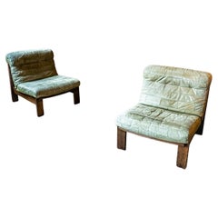 Pareja de sillones de madera de cuero de búfalo patchwork gris verdoso, años 70