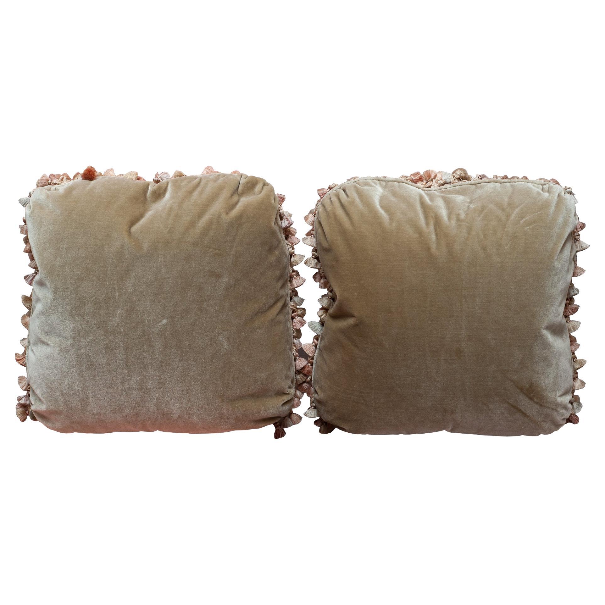 Pair of Linen Pillows with Bead and Velvet Trim For Sale at 1stDibs