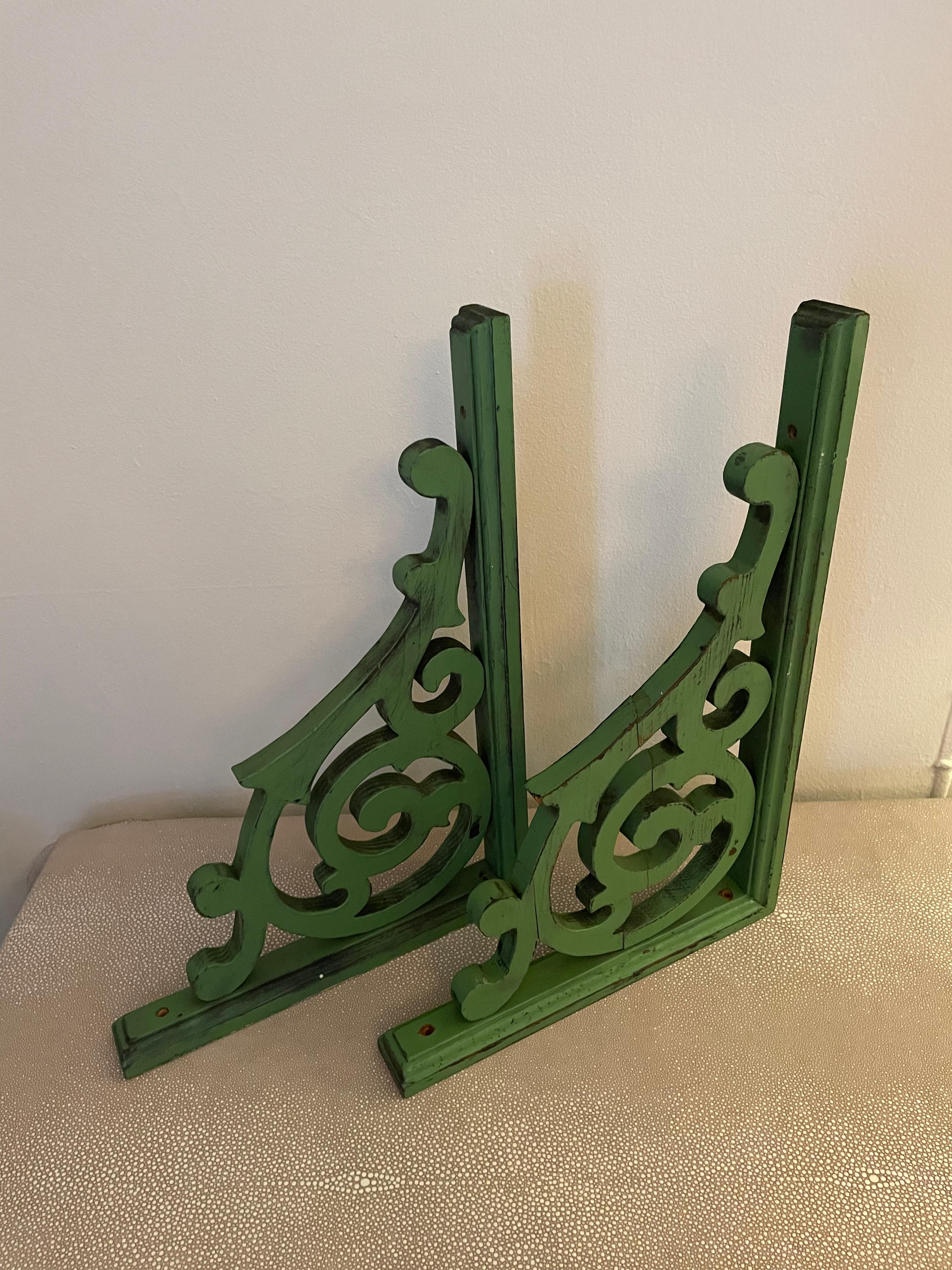 Pair of Green Hand Made Wooden Corbels  For Sale 4
