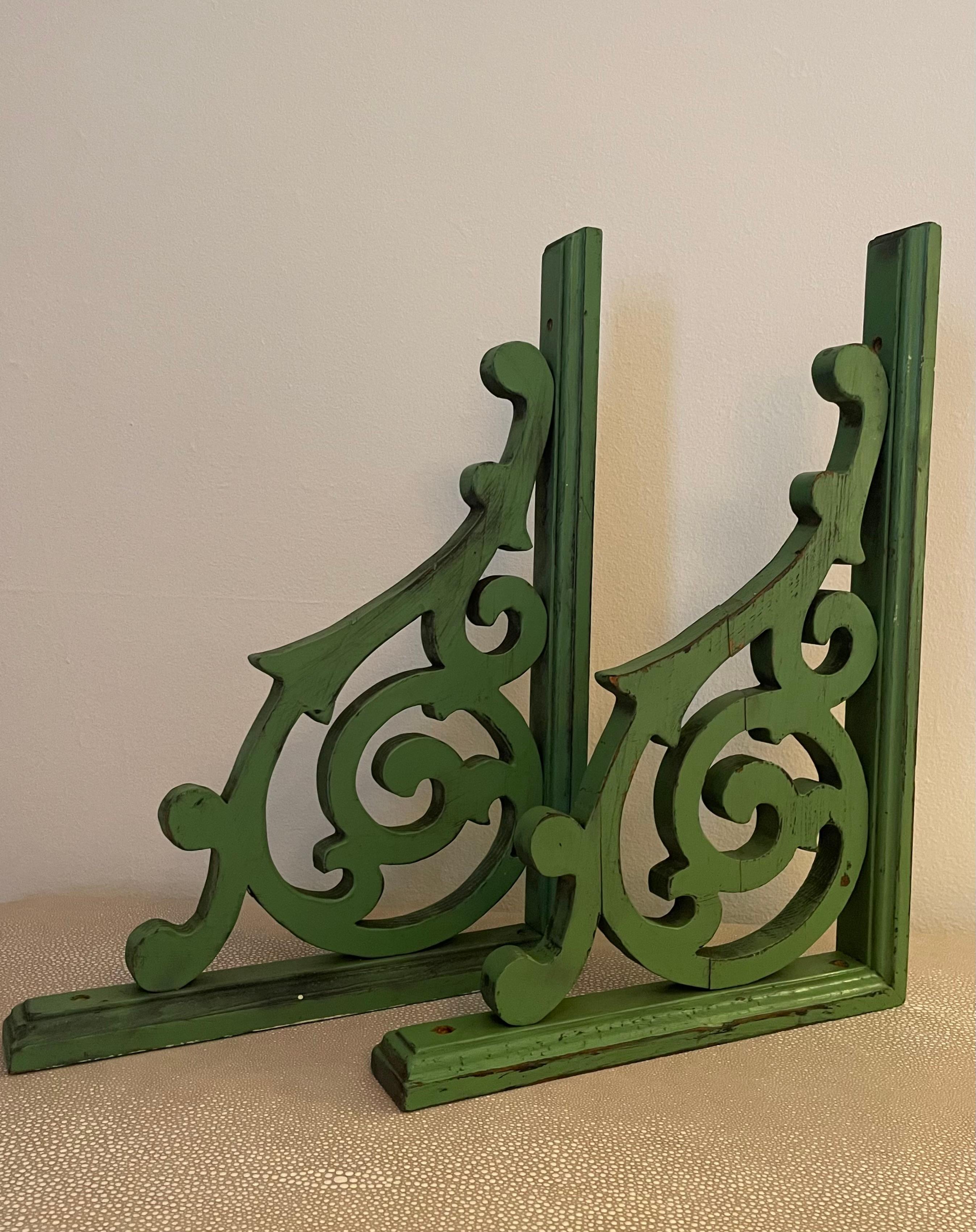 Pair of Green Hand Made Wooden Corbels  For Sale 6