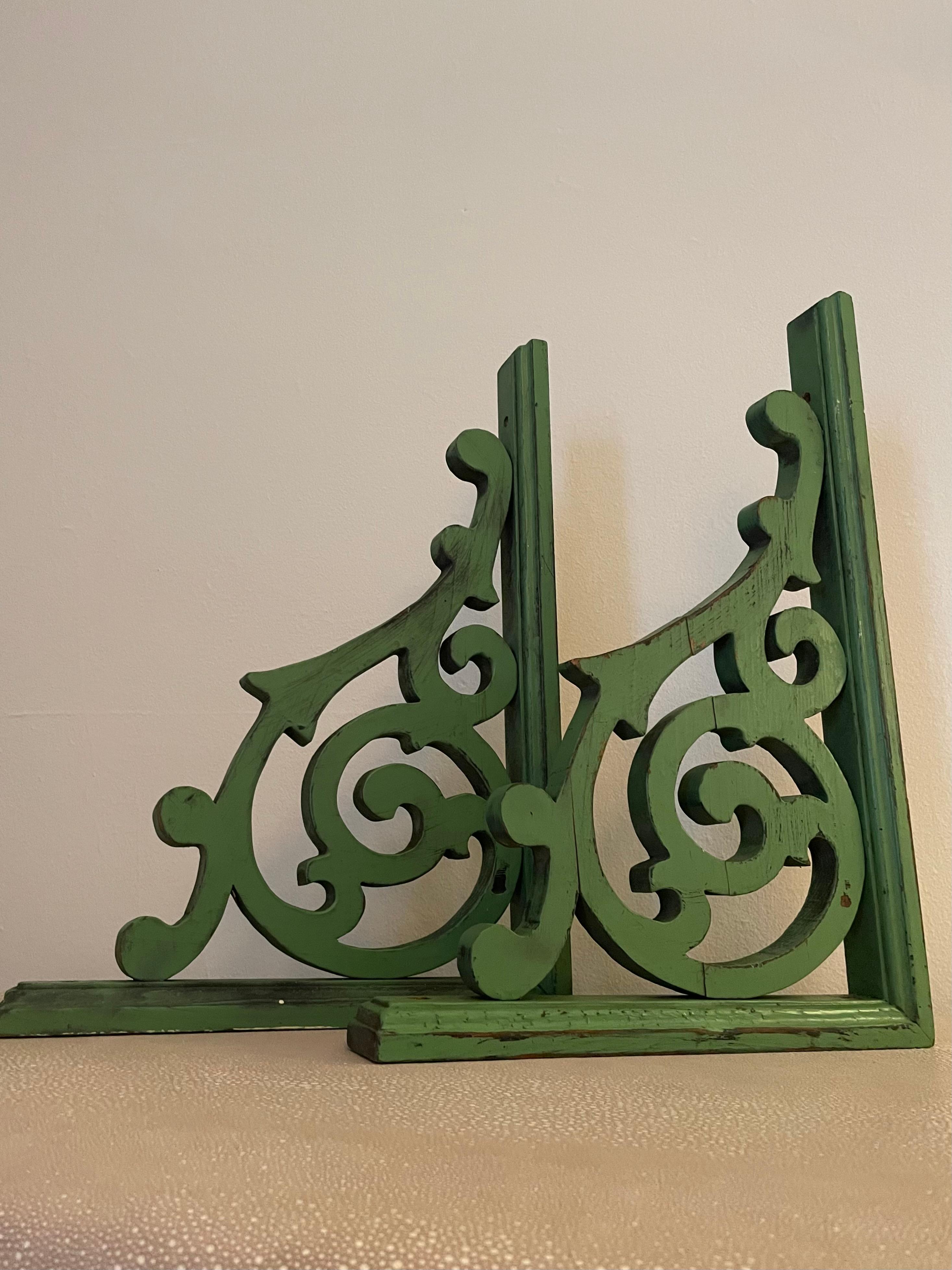 Pair of Green Hand Made Wooden Corbels  For Sale 7