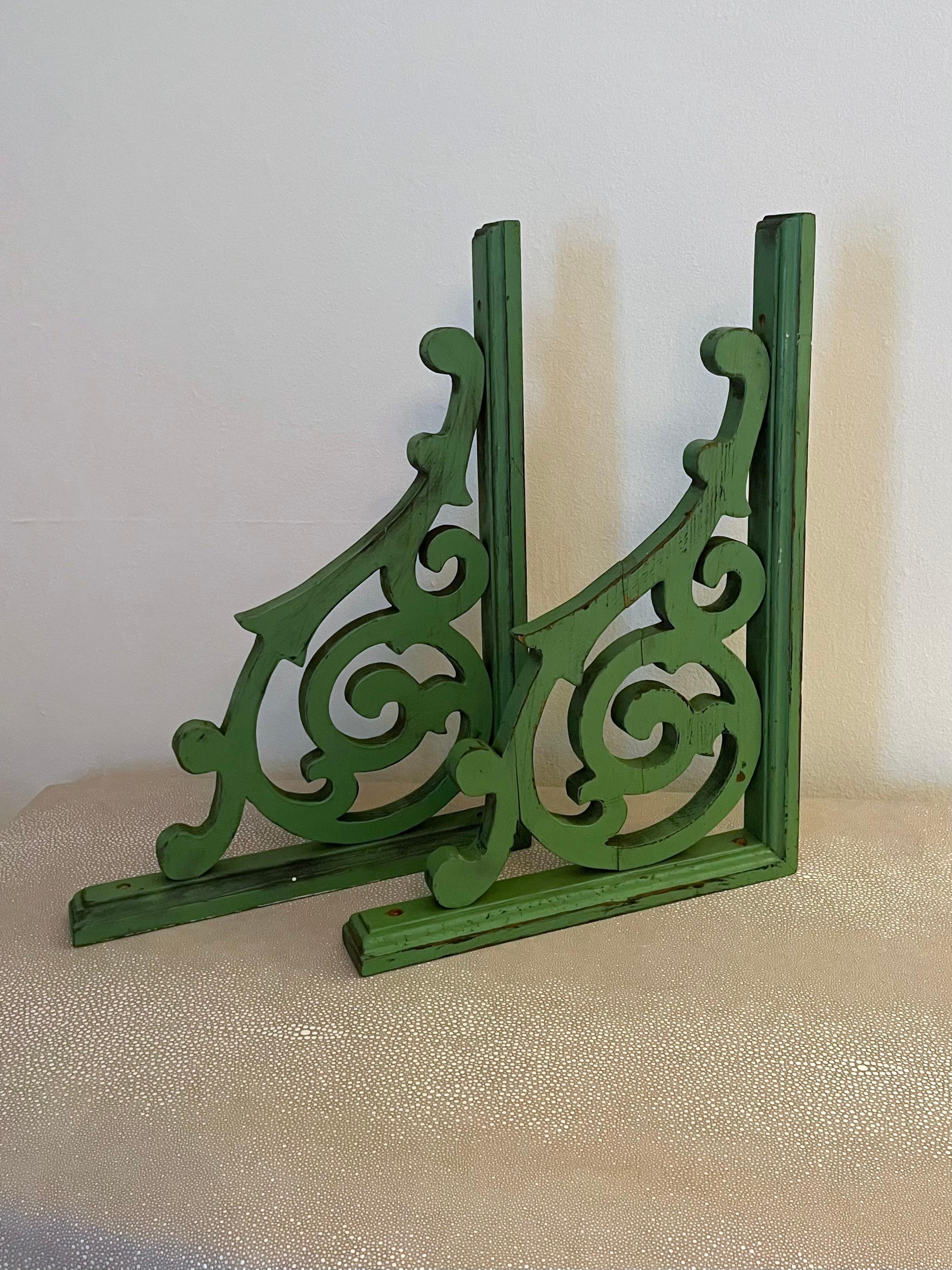 Pair of Green Hand Made Wooden Corbels  For Sale 8