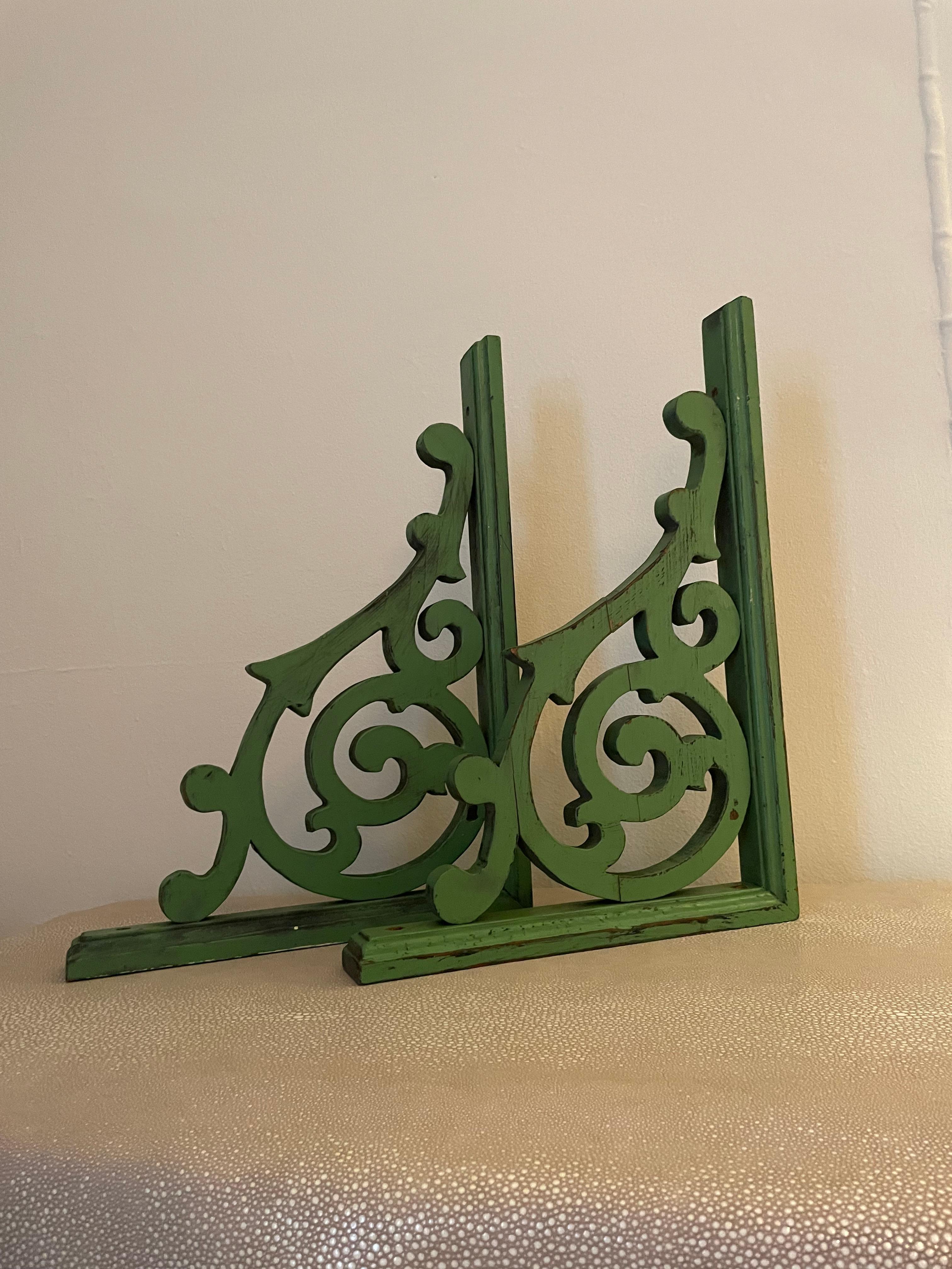 Pair of Green Hand Made Wooden Corbels  For Sale 9