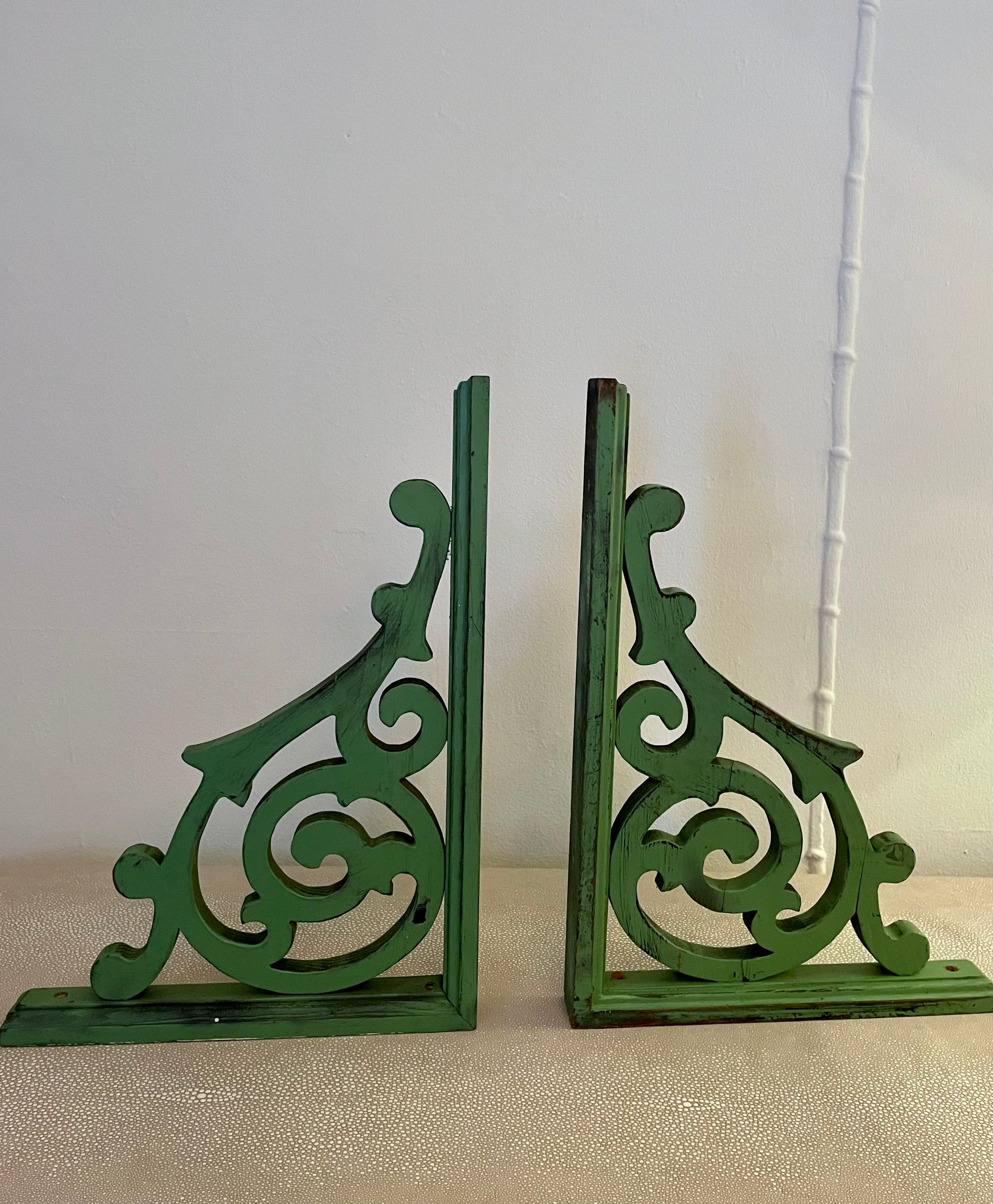 Folk Art Pair of Green Hand Made Wooden Corbels  For Sale