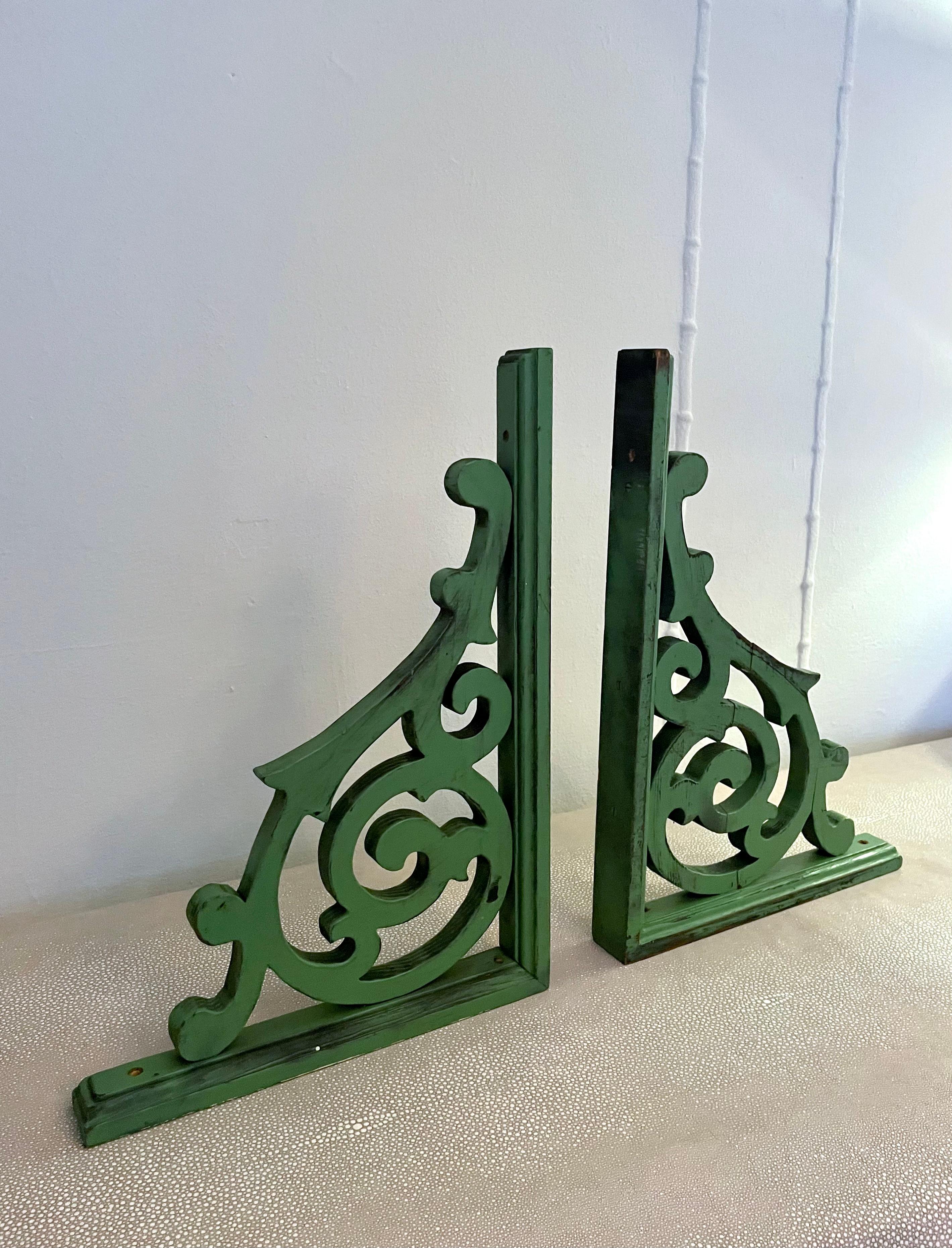 Painted Pair of Green Hand Made Wooden Corbels  For Sale