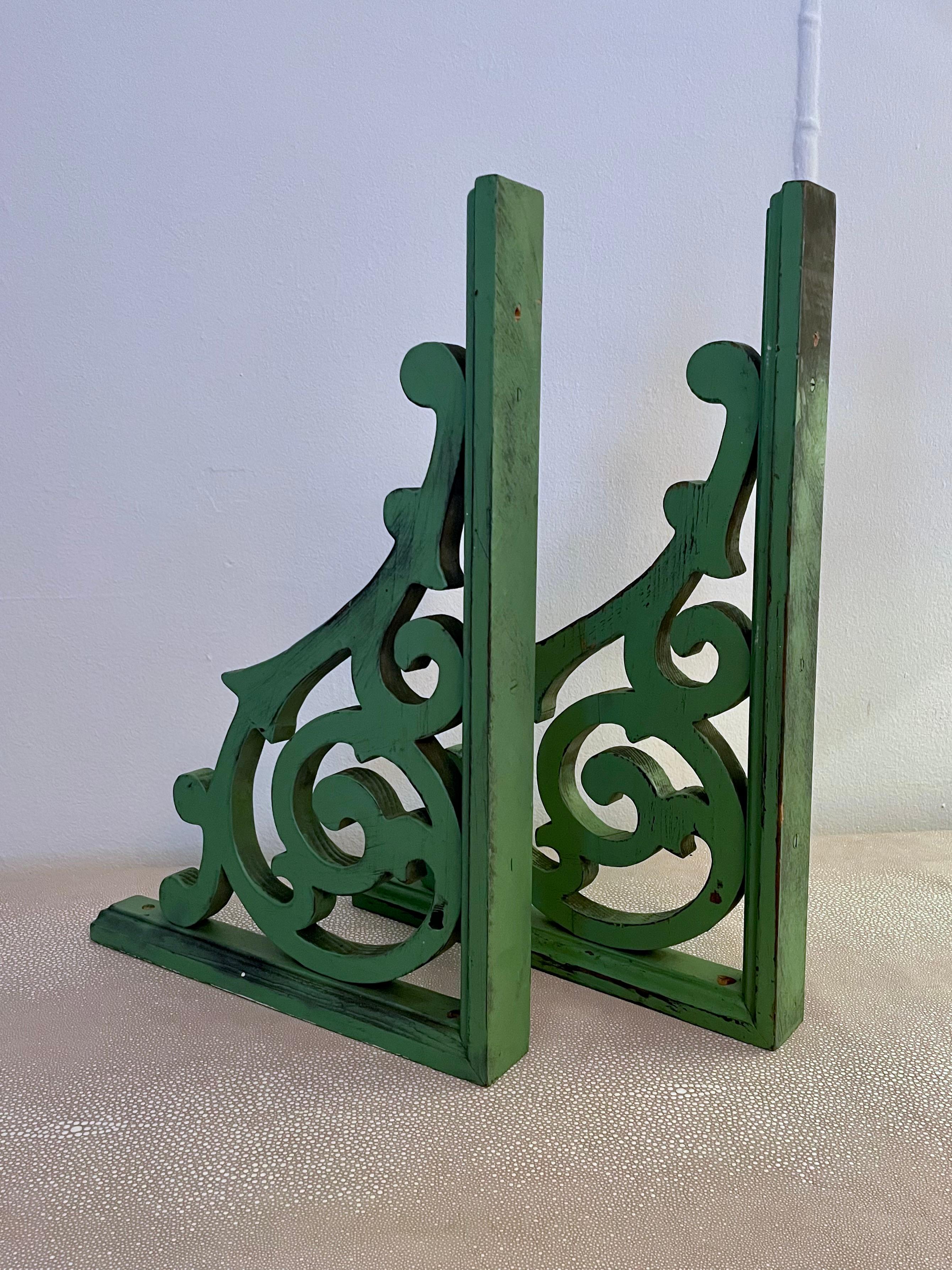 20th Century Pair of Green Hand Made Wooden Corbels  For Sale