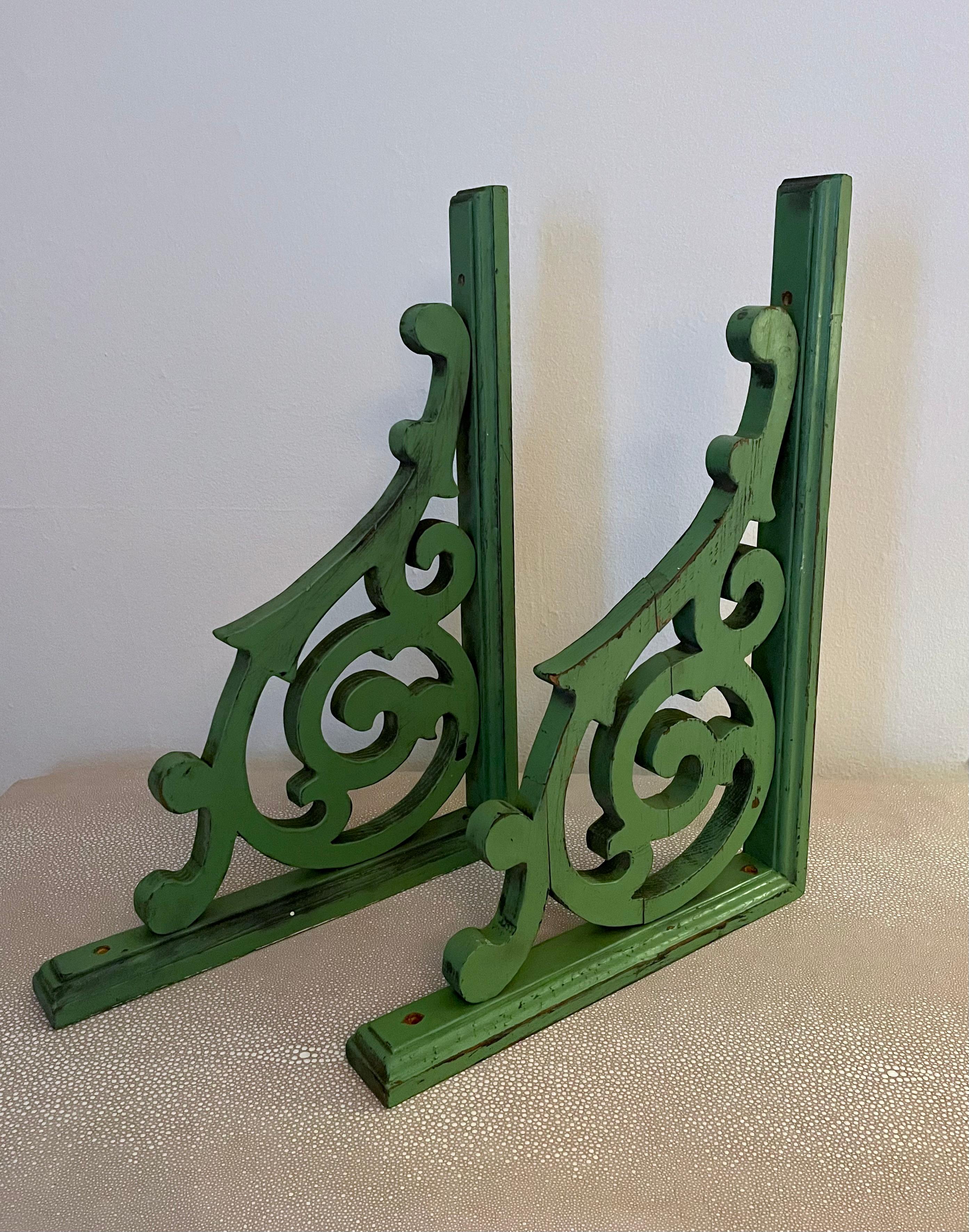 Pair of Green Hand Made Wooden Corbels  For Sale 2