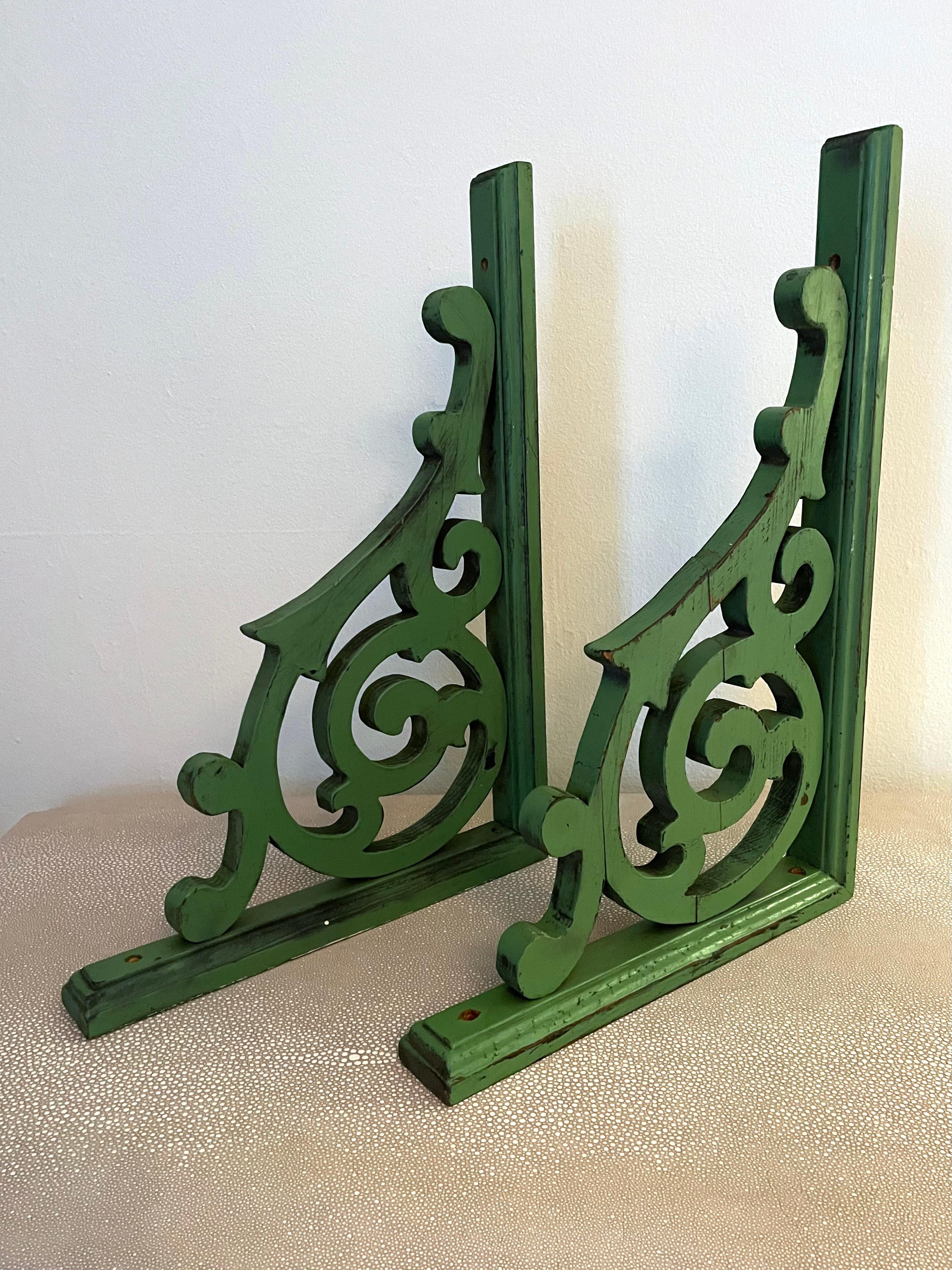 Pair of Green Hand Made Wooden Corbels  For Sale 3