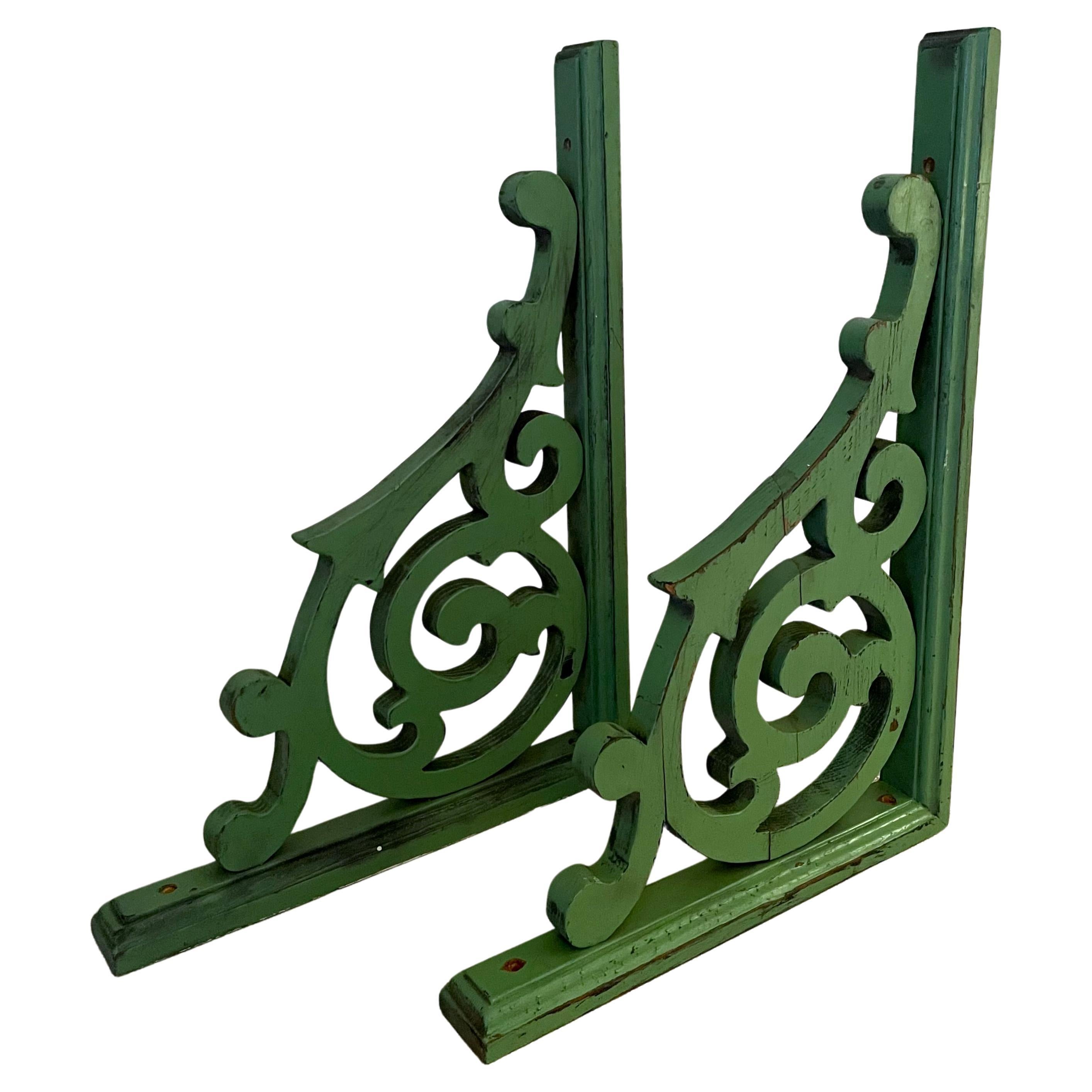 Pair of Green Hand Made Wooden Corbels  For Sale