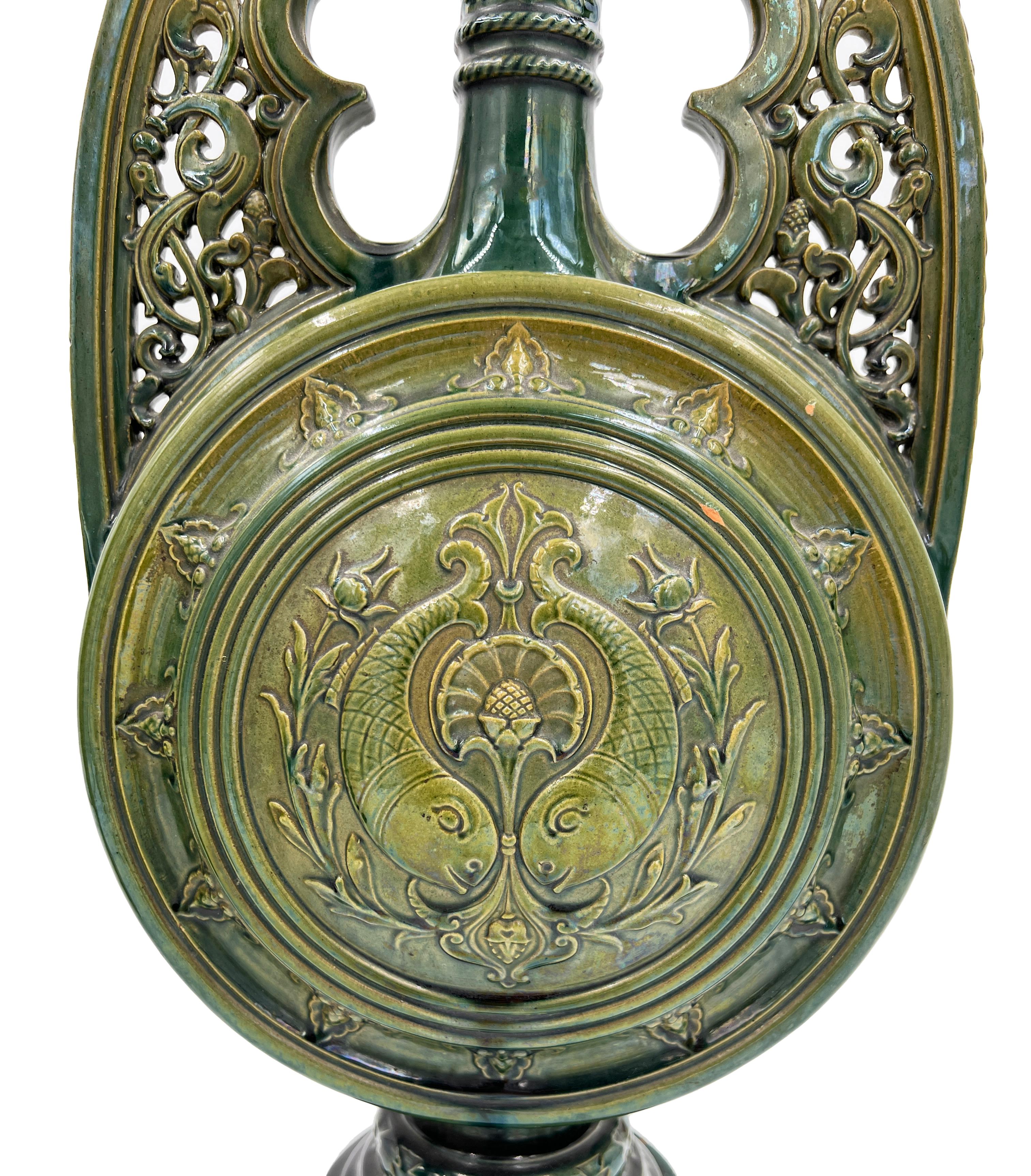 Spanish Pair of Green Hispano-Moresque Glazed Ceramic Candlesticks/Vases, 19th Century For Sale